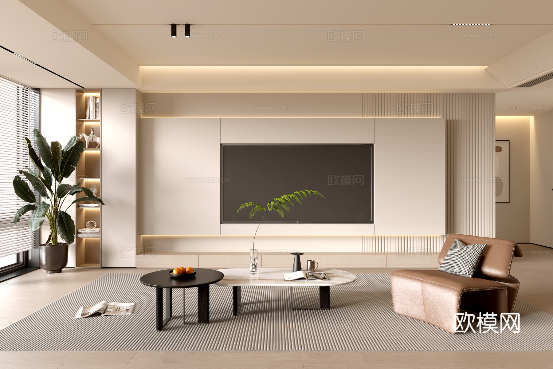 现代简约客厅 阳台柜 沙发组合 茶几 电视背景墙3d模型