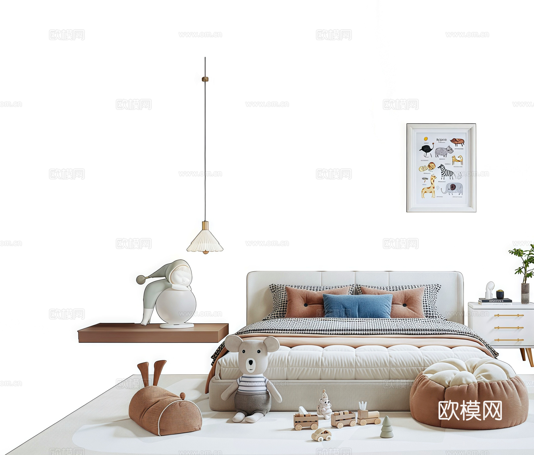 现代儿童床 吊灯床头柜 装饰画 玩具3d模型