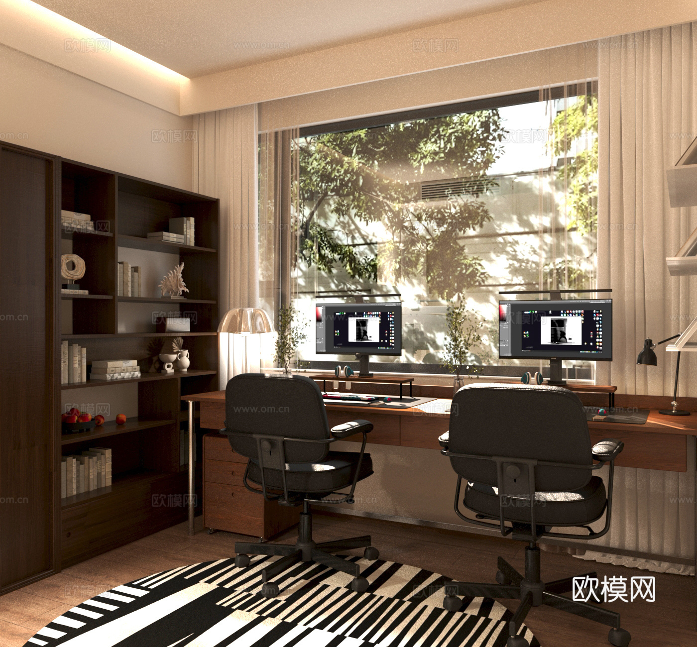 中古书房 卧室书房 书桌椅组合 实木书柜3d模型