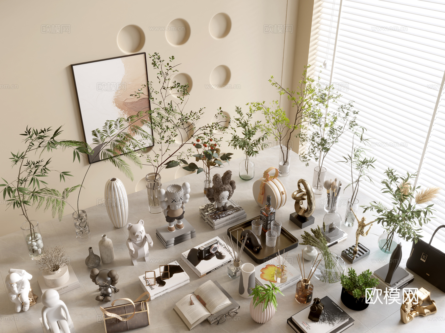 现代摆件组合 花瓶 植物 书本 雕塑 摆件3d模型