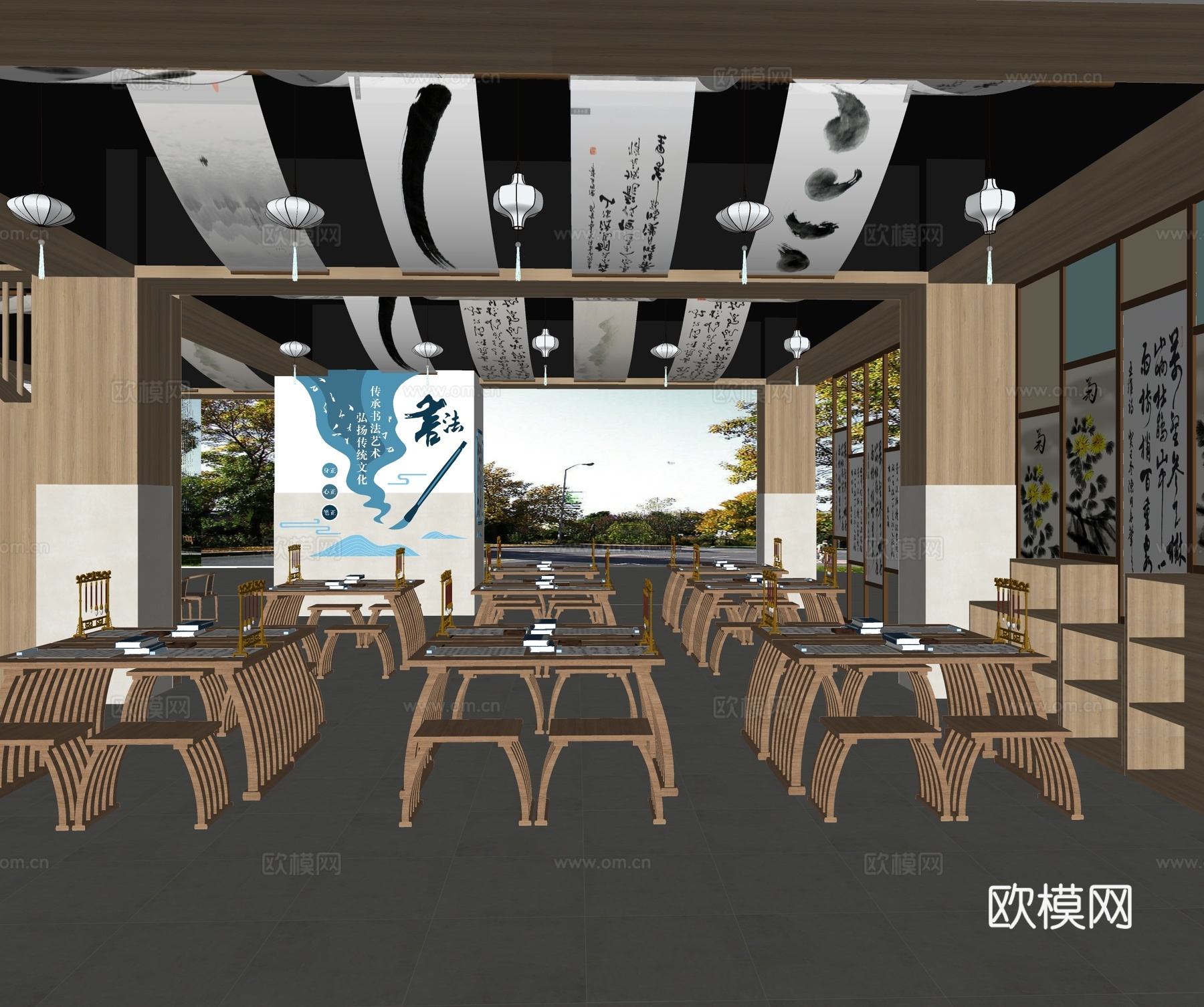 中式书画文化展厅 装饰画 艺术展厅su模型