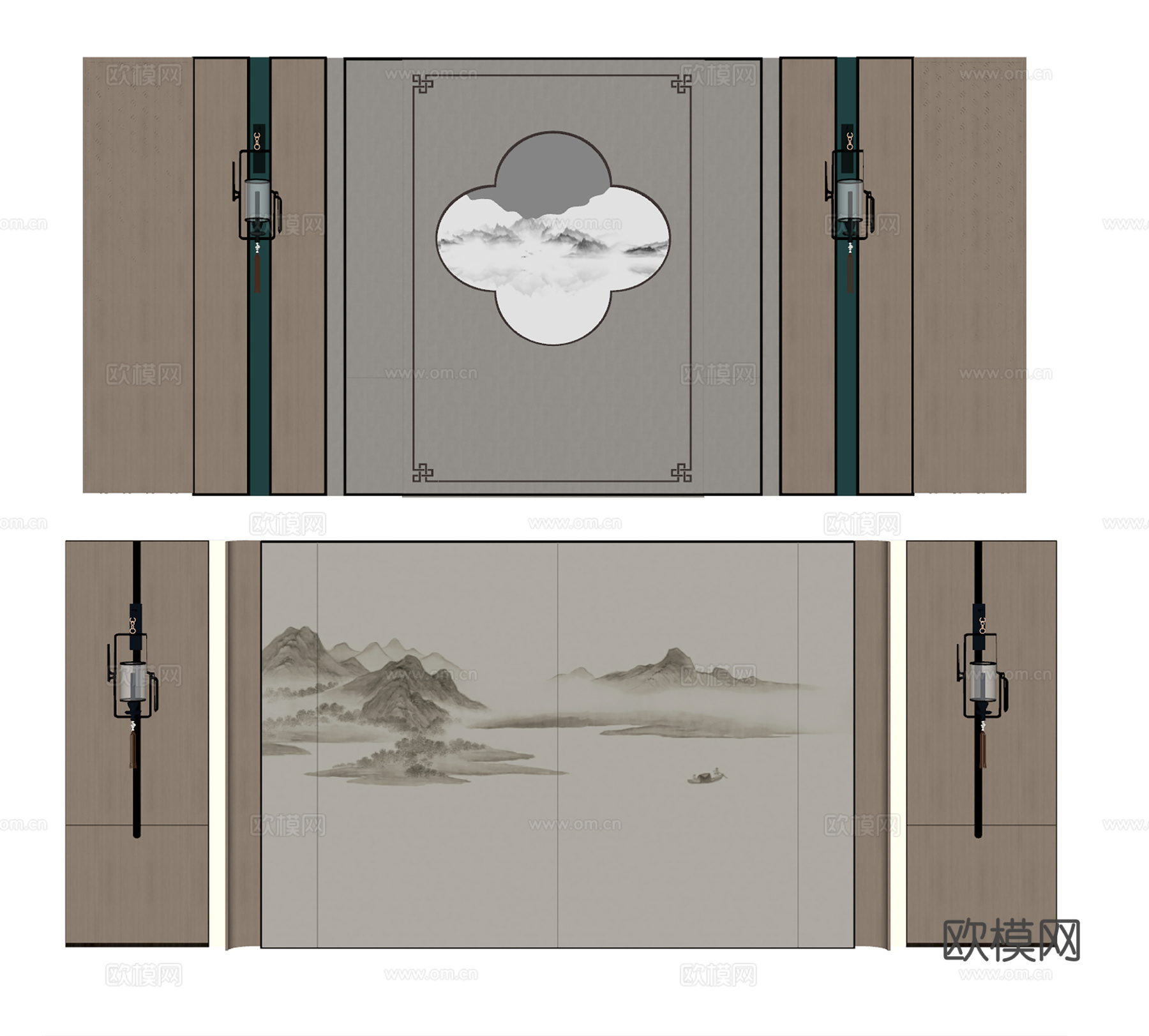 新中式背景墙su模型