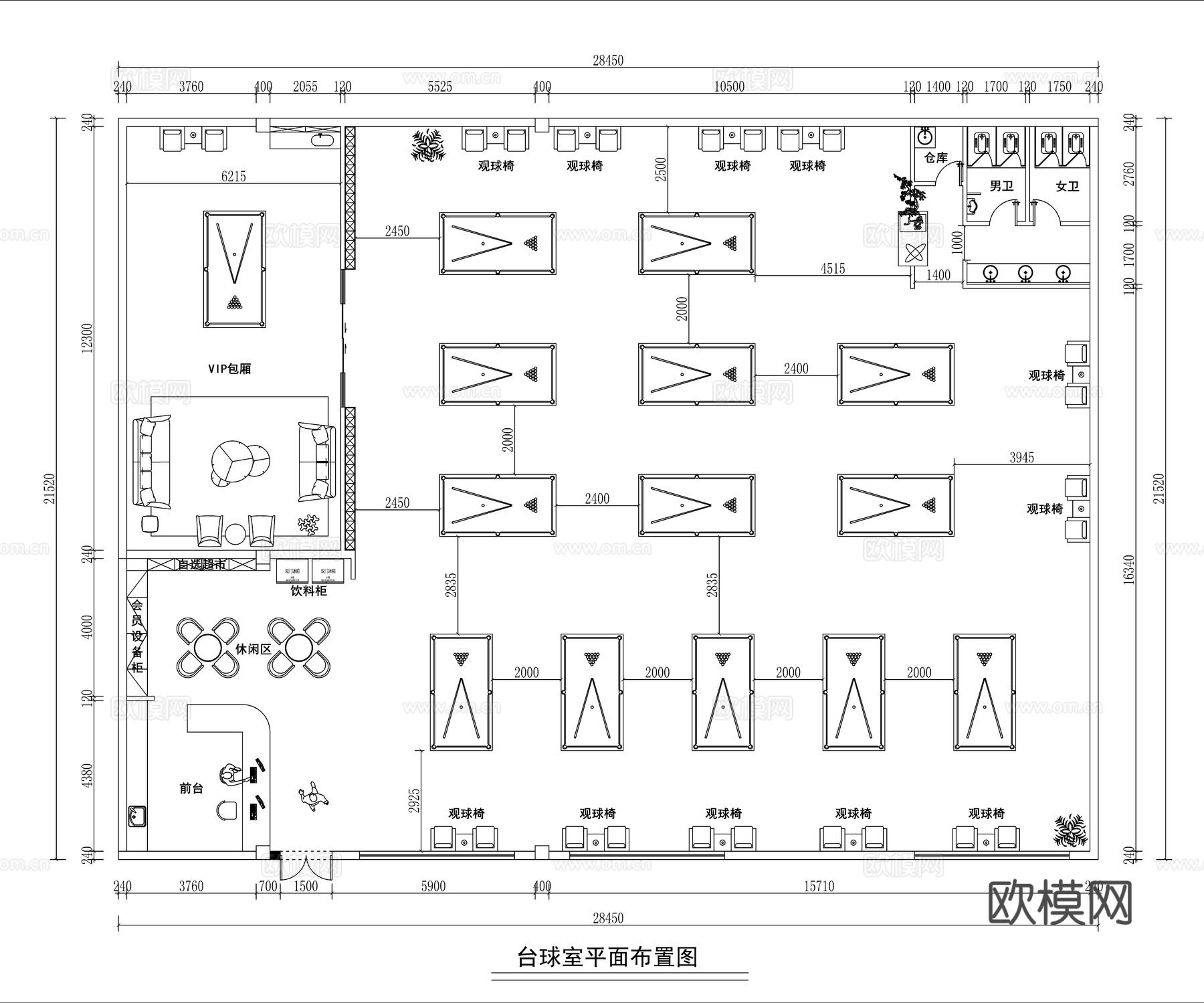 现代极简台球厅平面方案图cad施工图