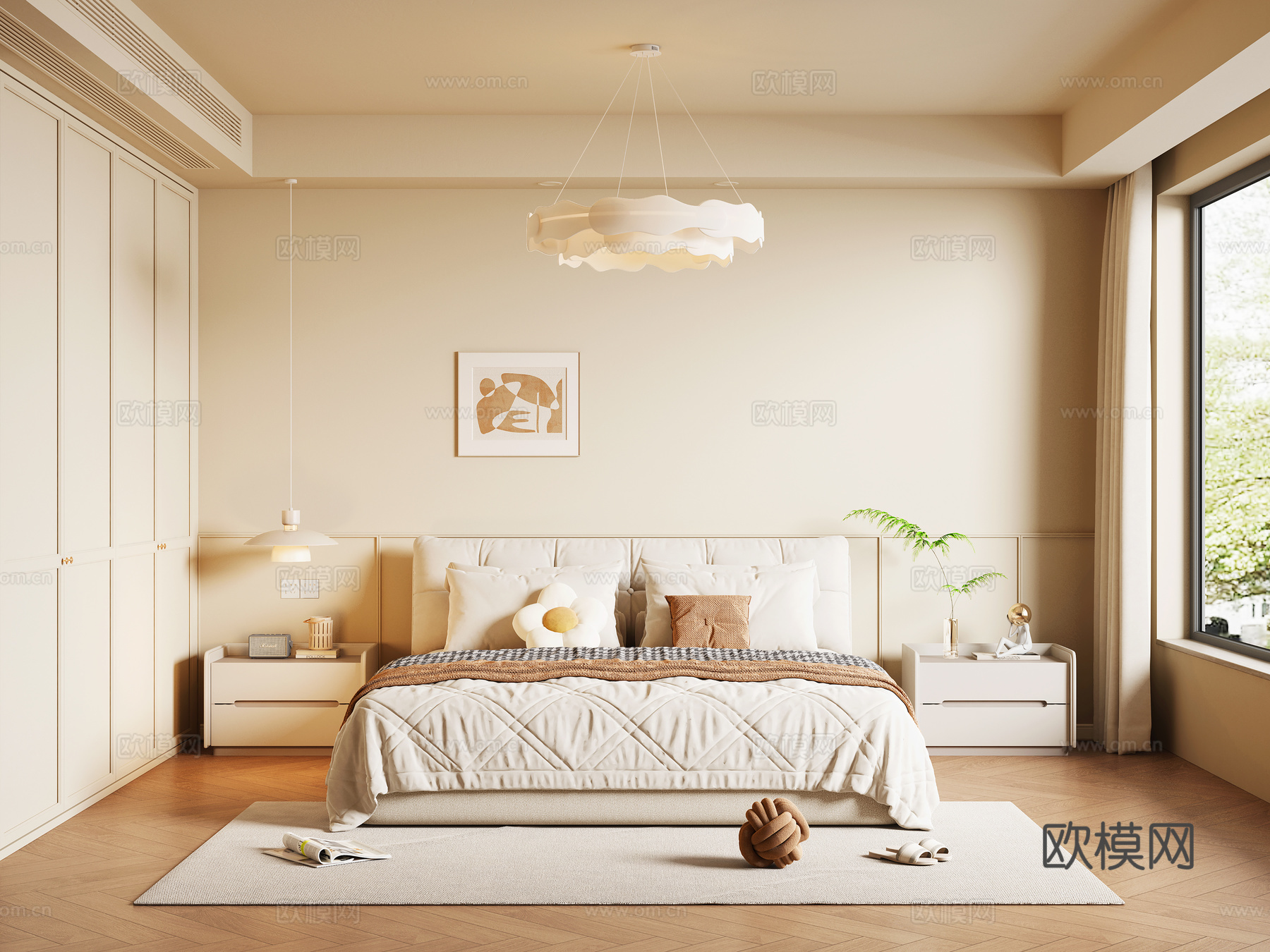现代奶油风卧室3d模型