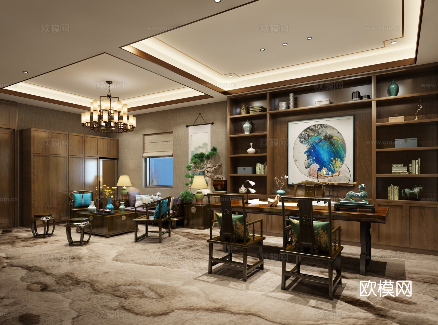 新中式办公室 沙发茶几 吊灯 桌面摆件 挂画3d模型
