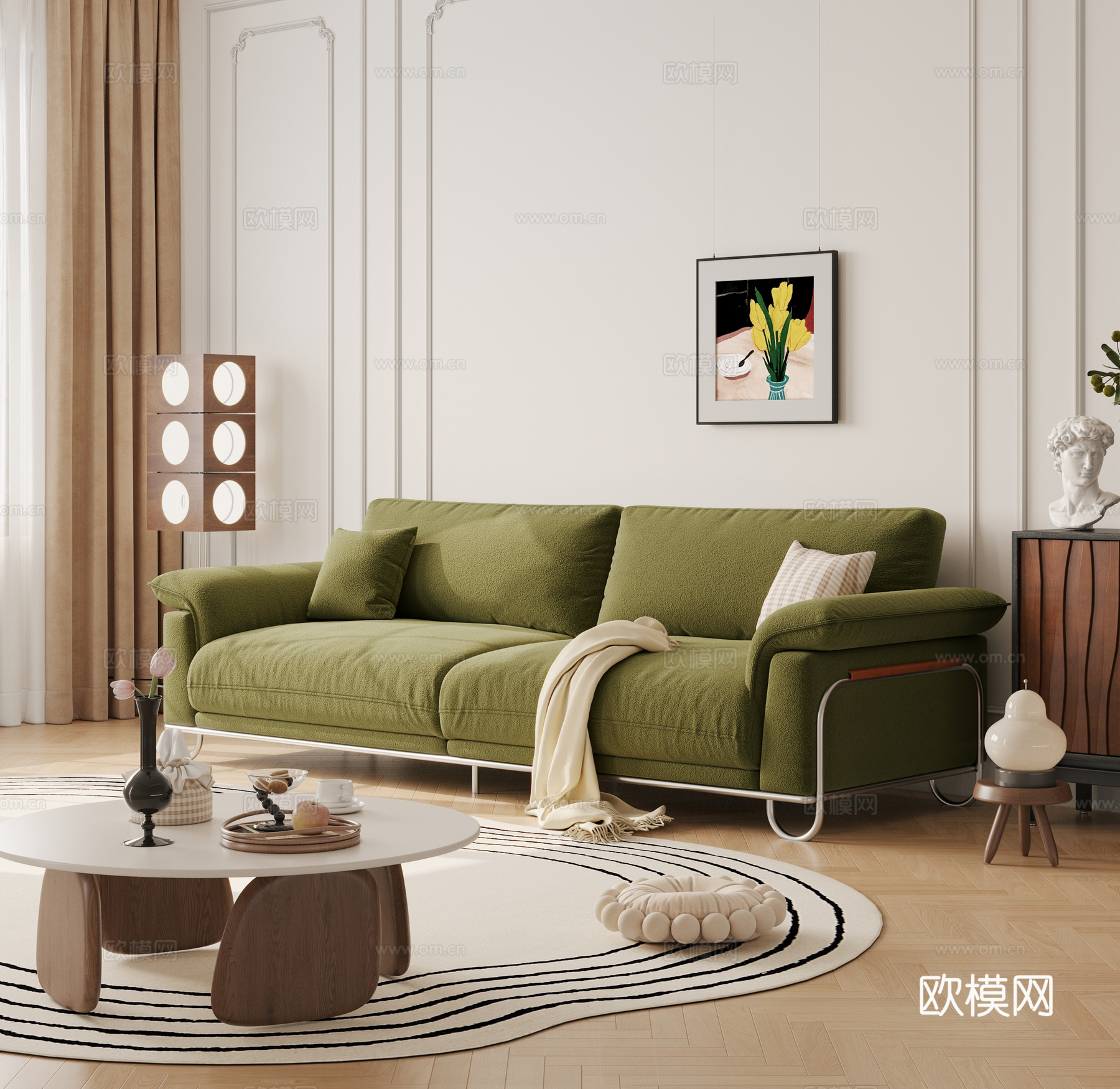 中古复古三人沙发 云朵沙发 直排沙发 休闲沙发 polifo3d模型
