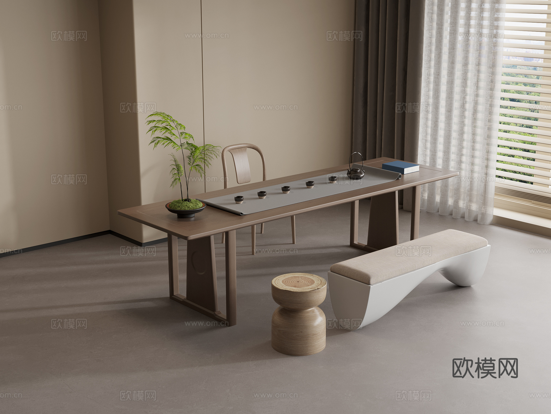 实木茶桌 实木单椅 休闲长椅 实木圆凳 茶具组合3d模型