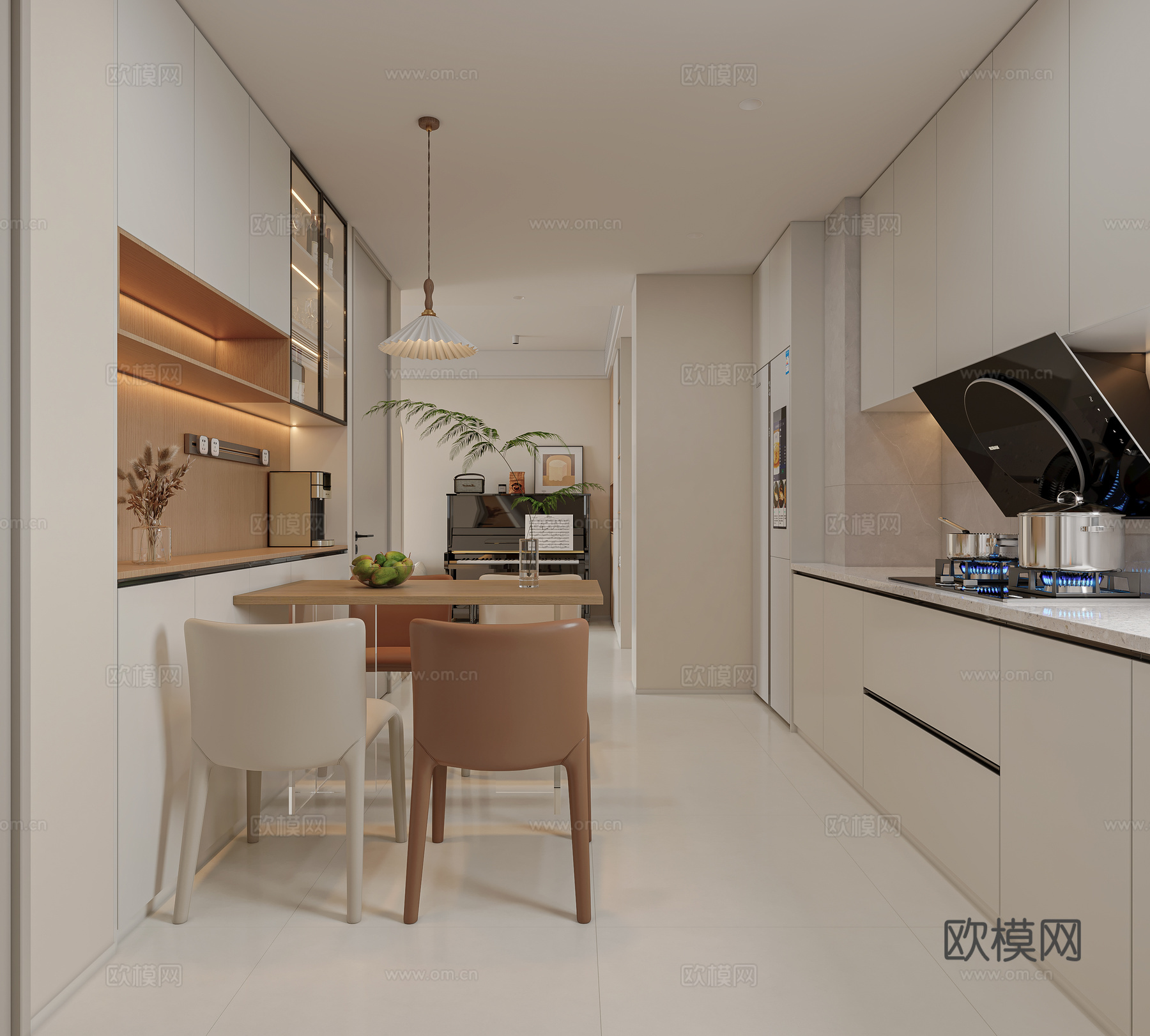 现代奶油风客餐厅厨房3d模型