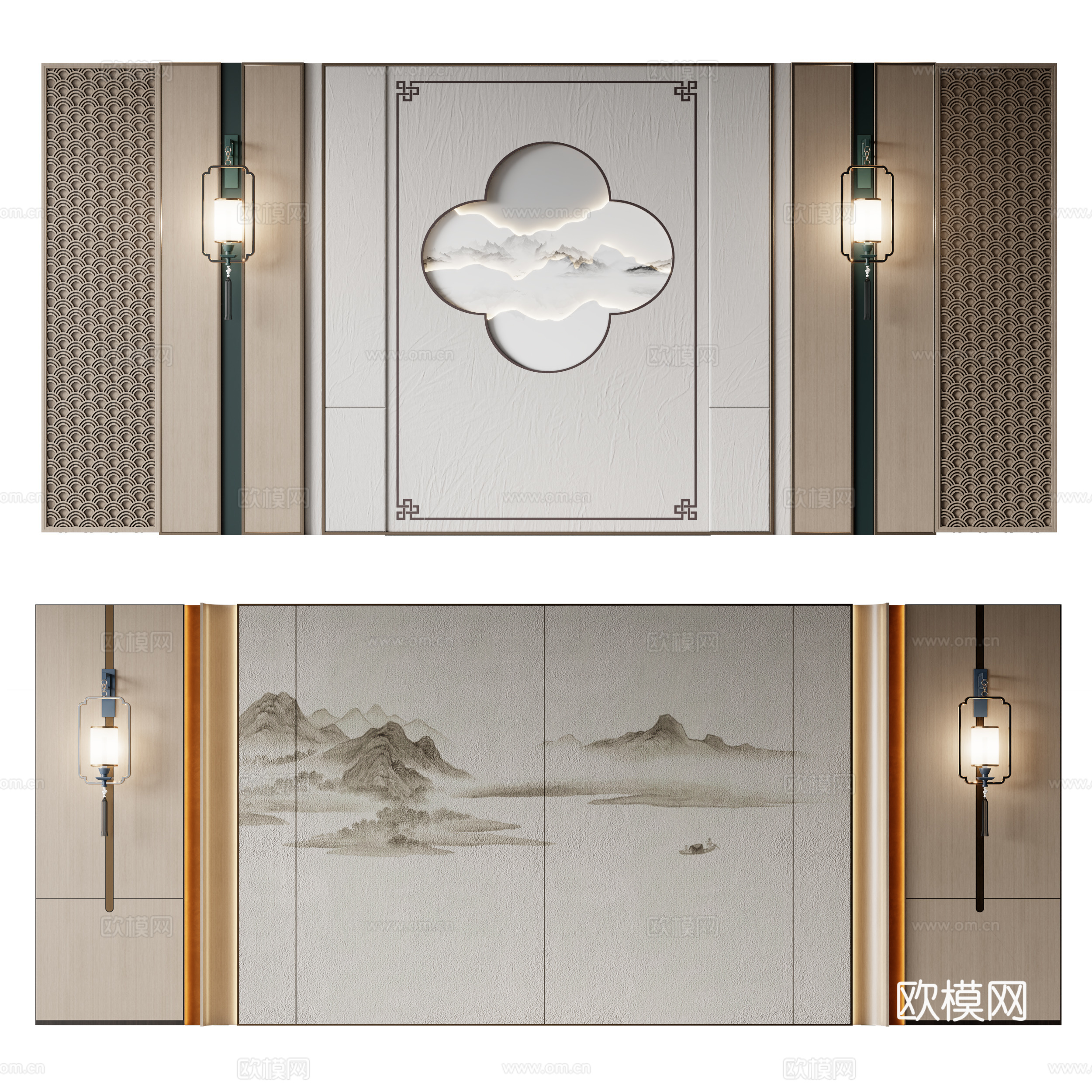 新中式背景墙su模型