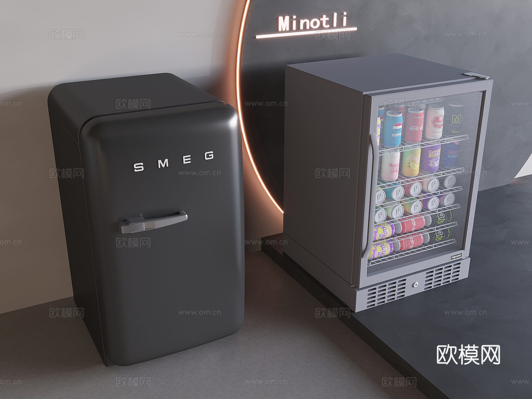 意式复古冰箱冰柜 斯麦格单开门冰箱 饮料柜冰吧冷藏柜su模型