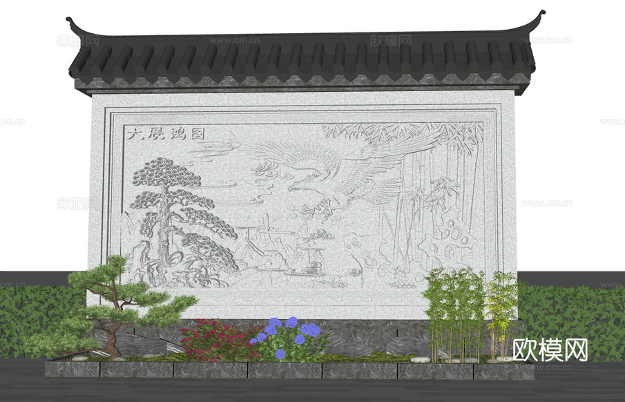 中式影壁墙 照壁 背景墙su模型下载(渲染图2)