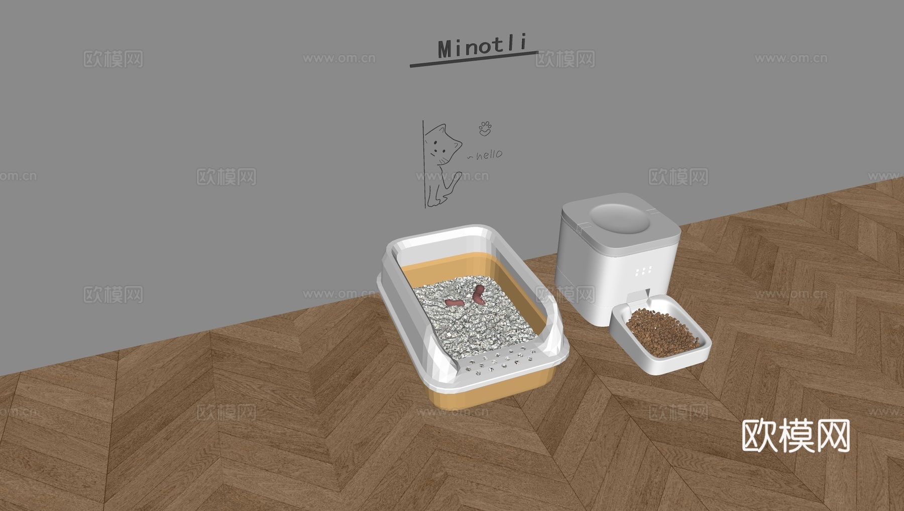 猫砂盆猫厕所食盒 自动喂食器猫粮su模型