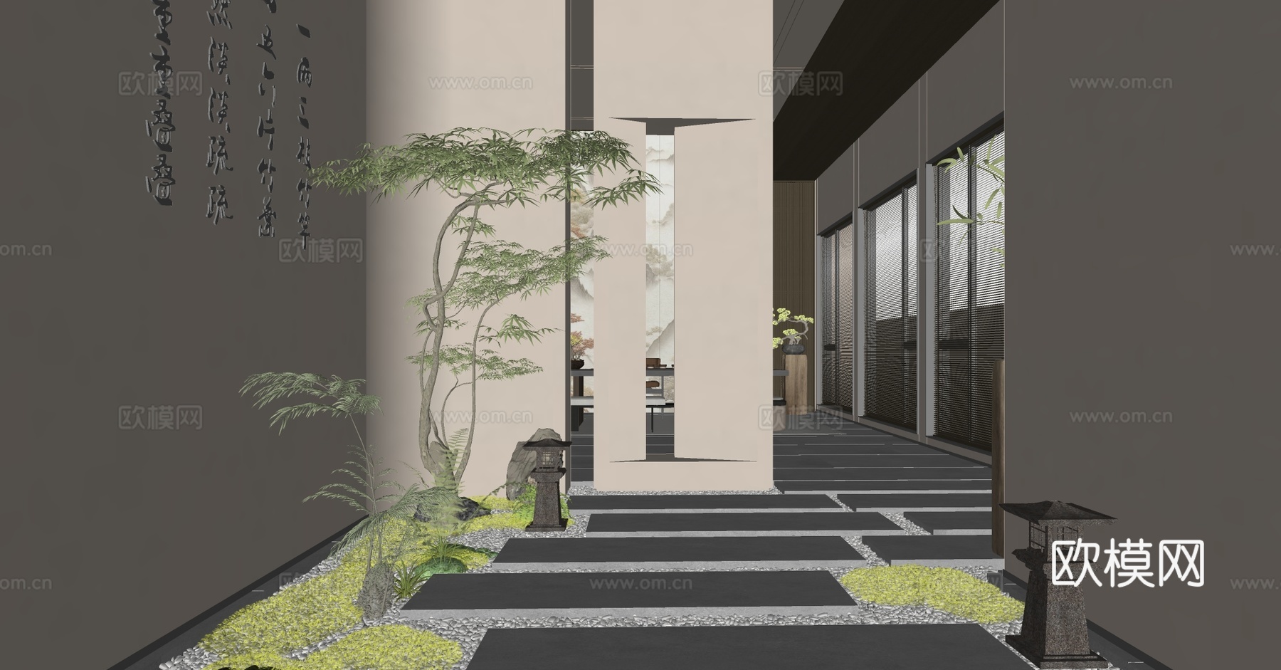 新中式茶馆 茶馆入门景观 景观小品 室内景观造景 茶室景观su模型
