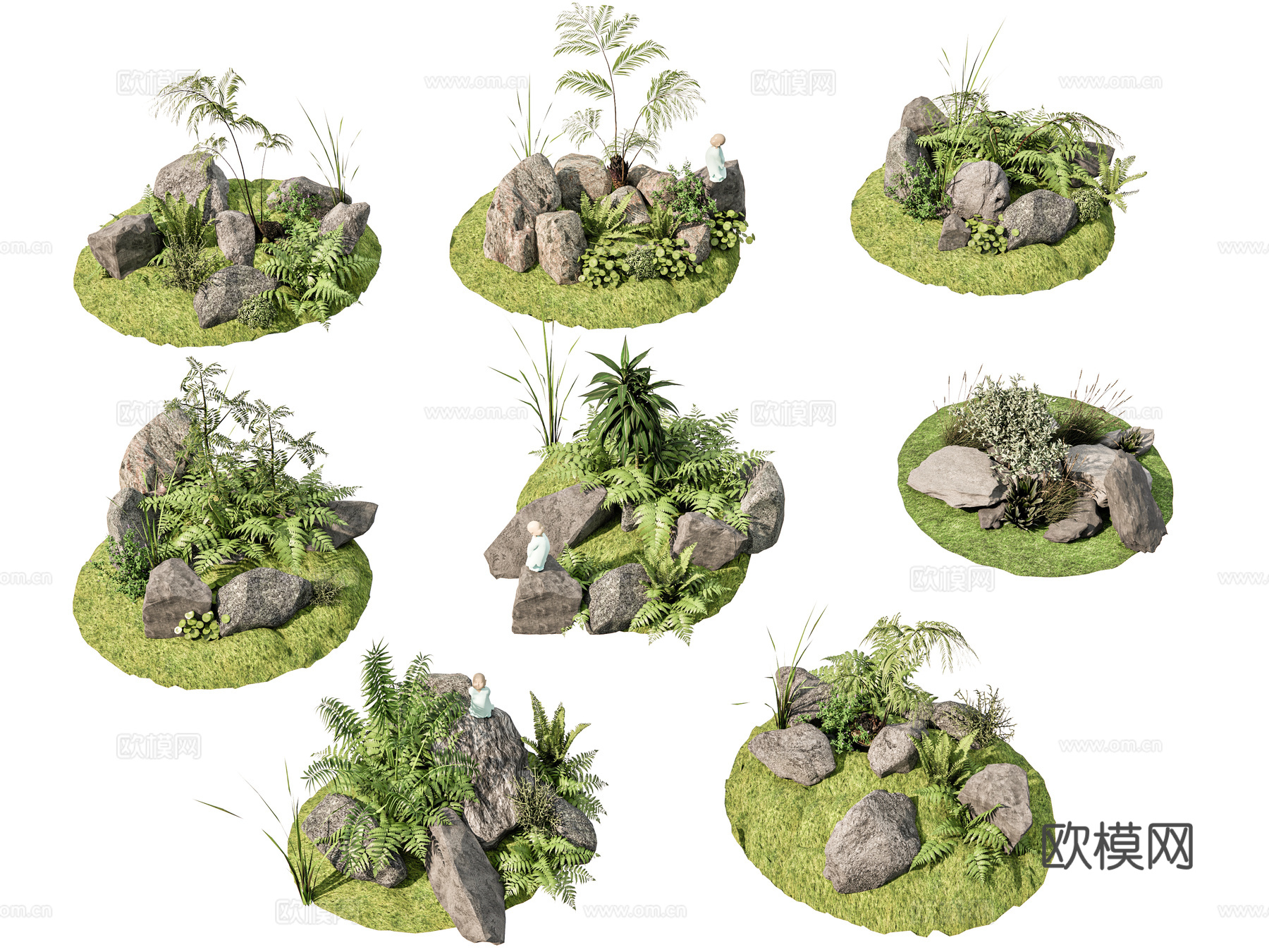 现代新中式庭院小品 新中式庭院石头 庭园植物造景 石块碎石岩su模型