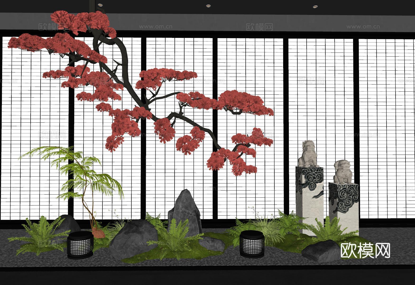 新中式室内景观造景 景观造景 景观小品 倒挂松树su模型
