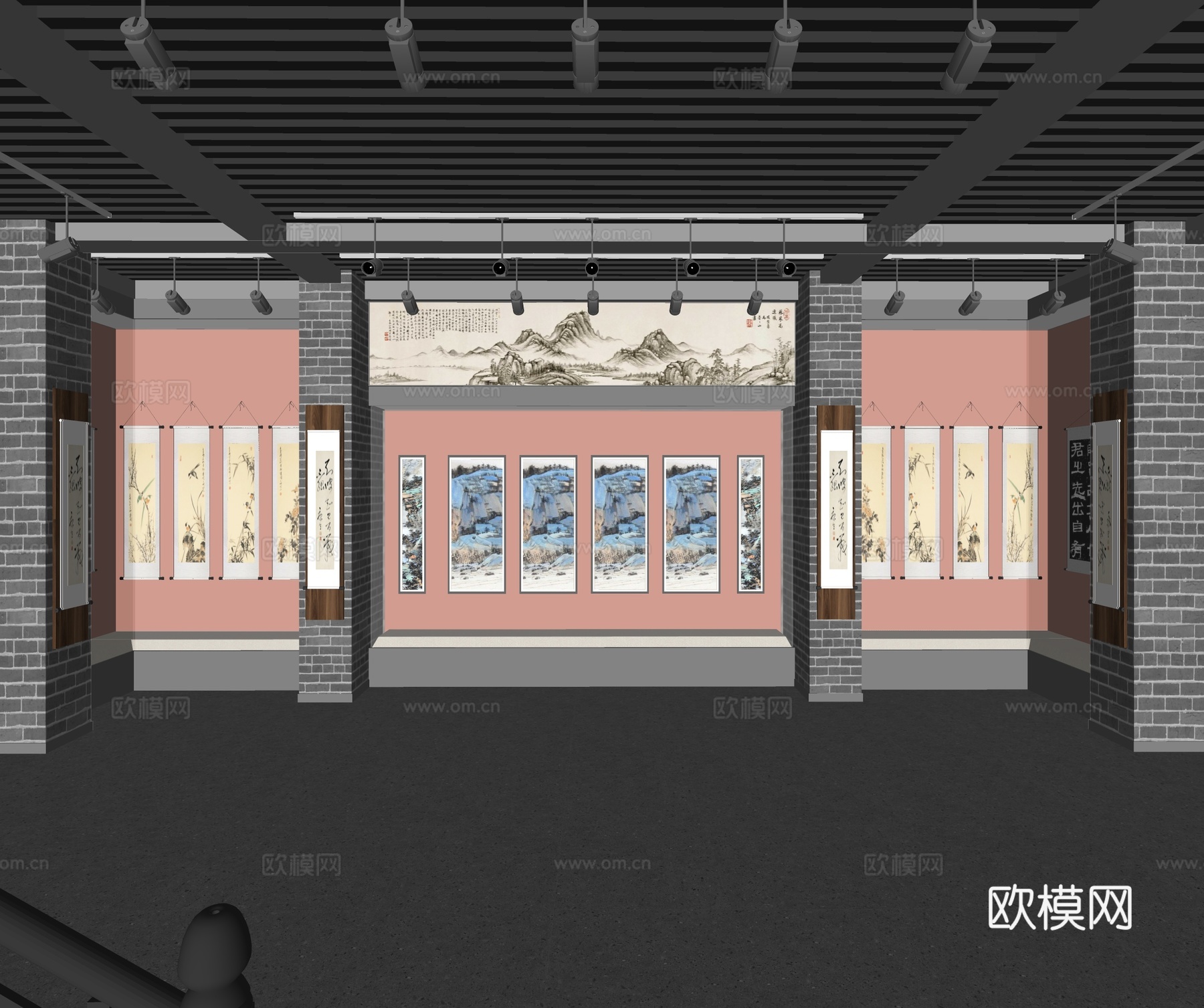 中式书画文化展厅 装饰画 艺术展厅su模型