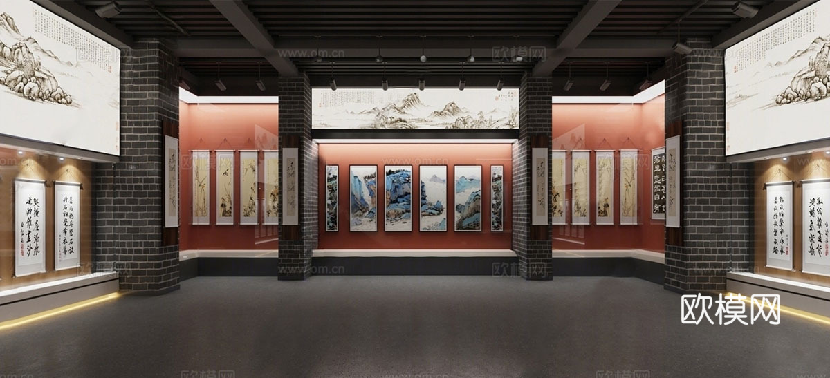 中式书画文化展厅 装饰画 艺术展厅su模型