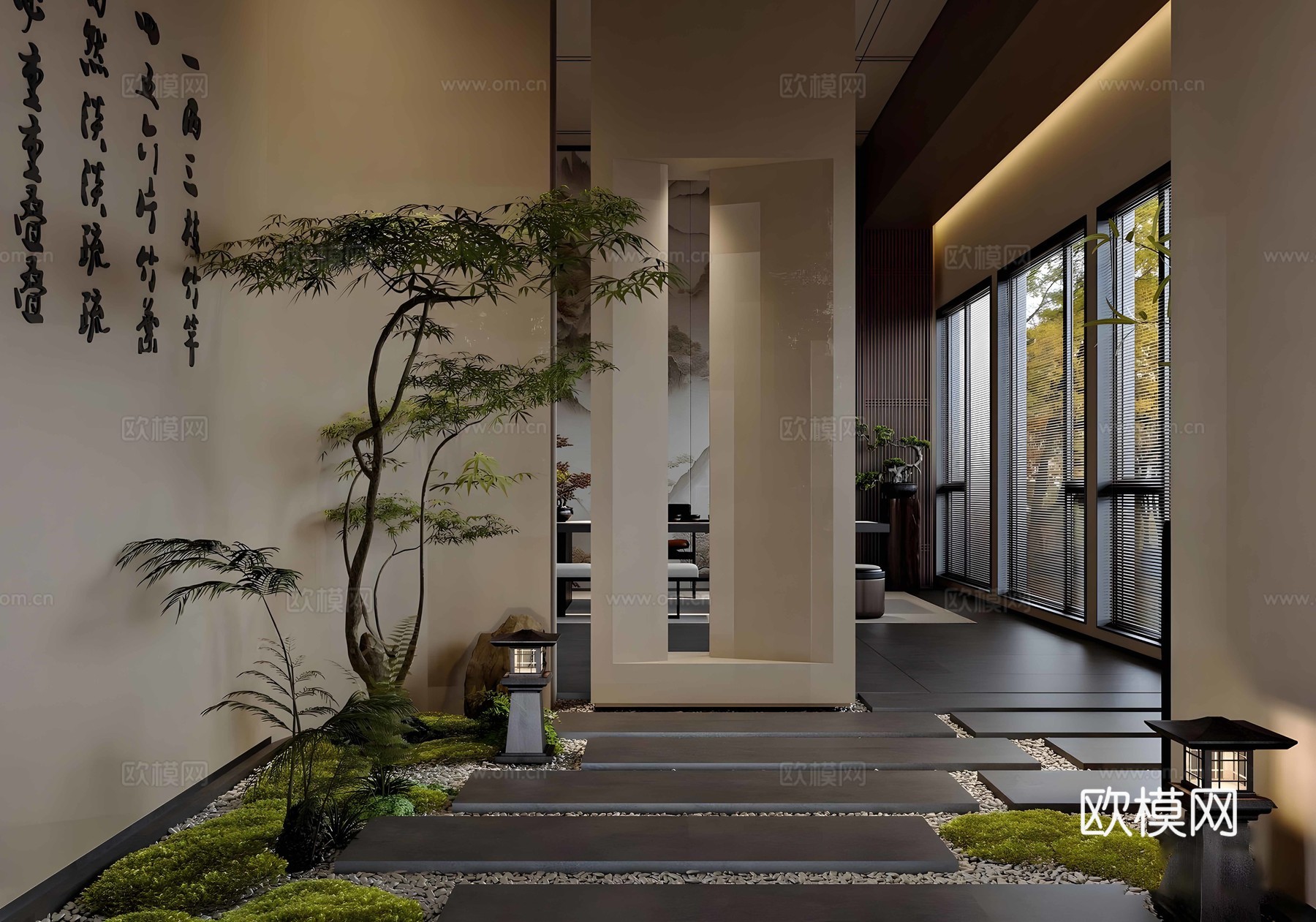 新中式茶馆 茶馆入门景观 景观小品 室内景观造景 茶室景观su模型