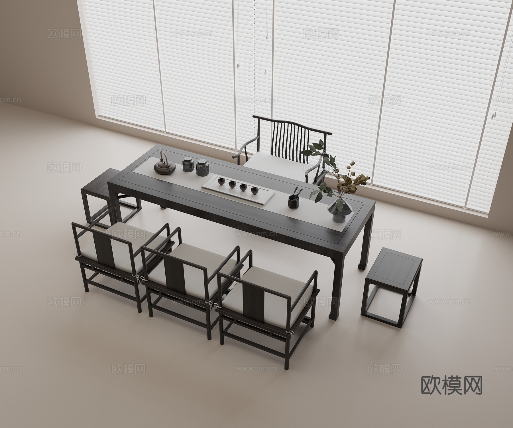 新中式茶桌椅组合 实木茶桌 实木单椅 实木方凳 茶具组合 茶3d模型