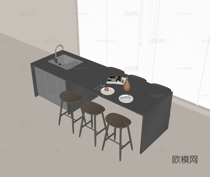 中岛吧台餐桌 中岛水吧台 休闲吧椅 水槽 水龙头 餐具su模型下载(渲染图2)