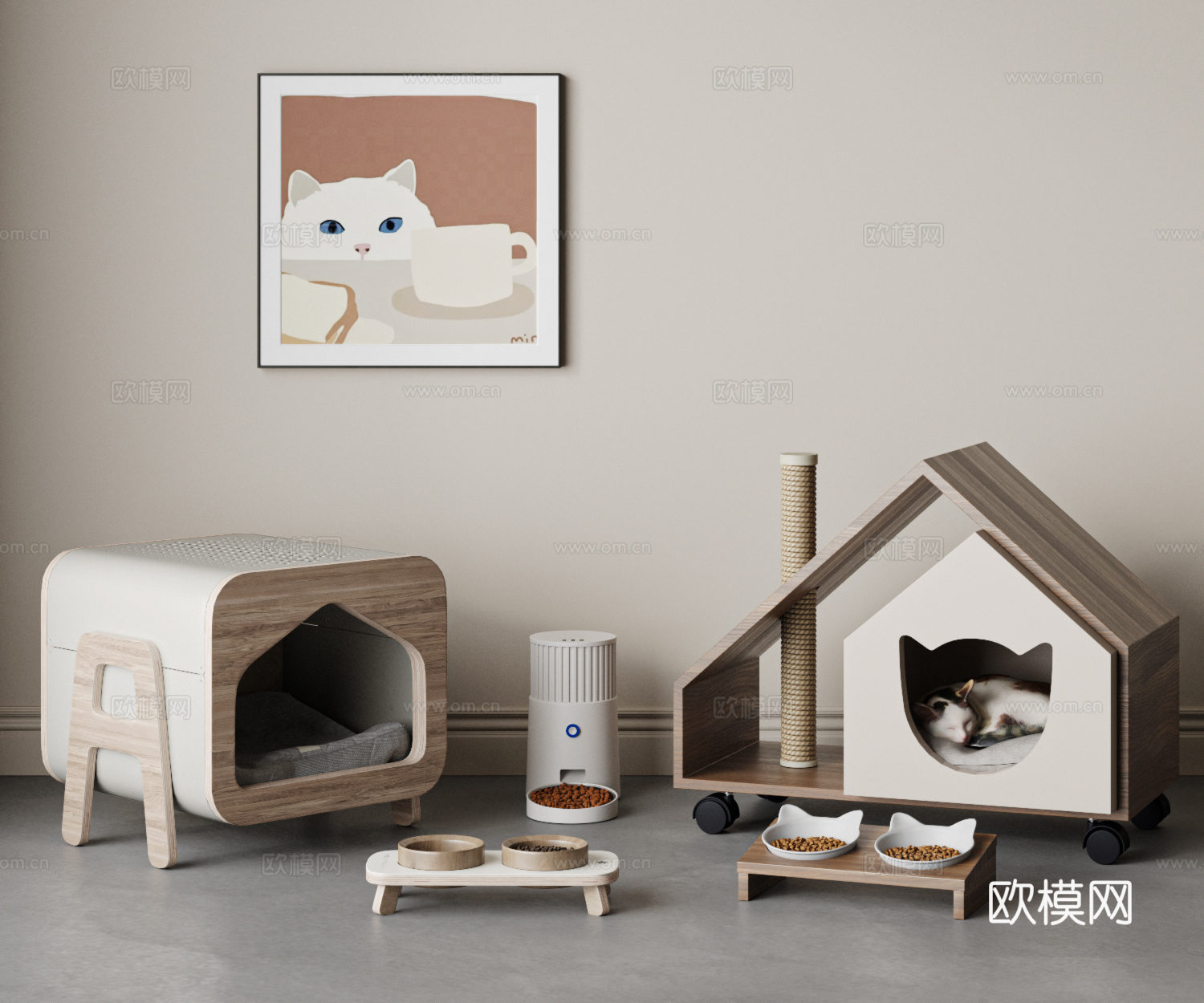 现代宠物用品 猫窝 猫咪 猫咪自动喂食器 猫碗su模型