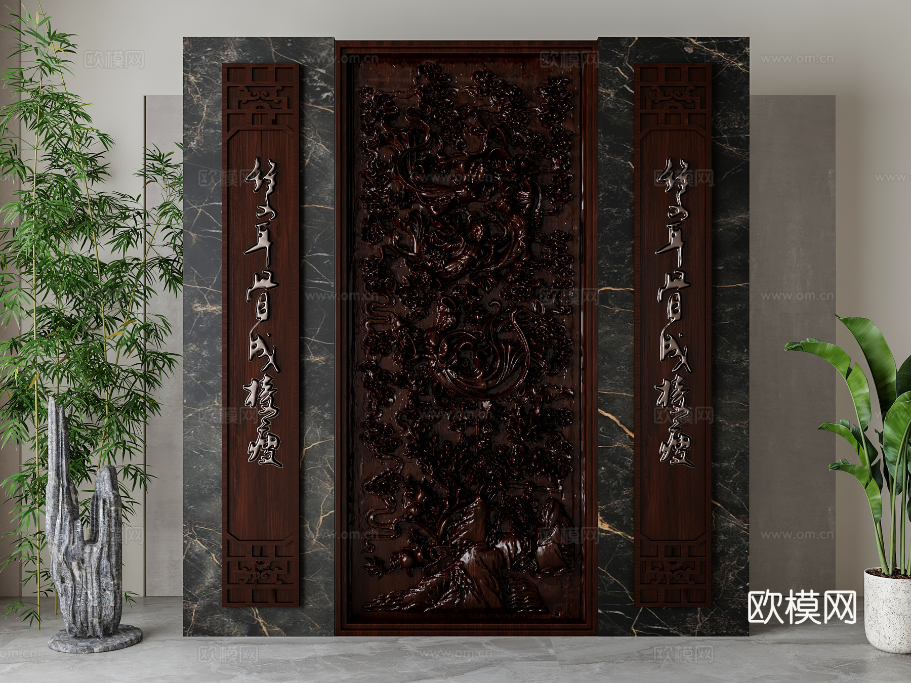 新中式玄关背景墙su模型
