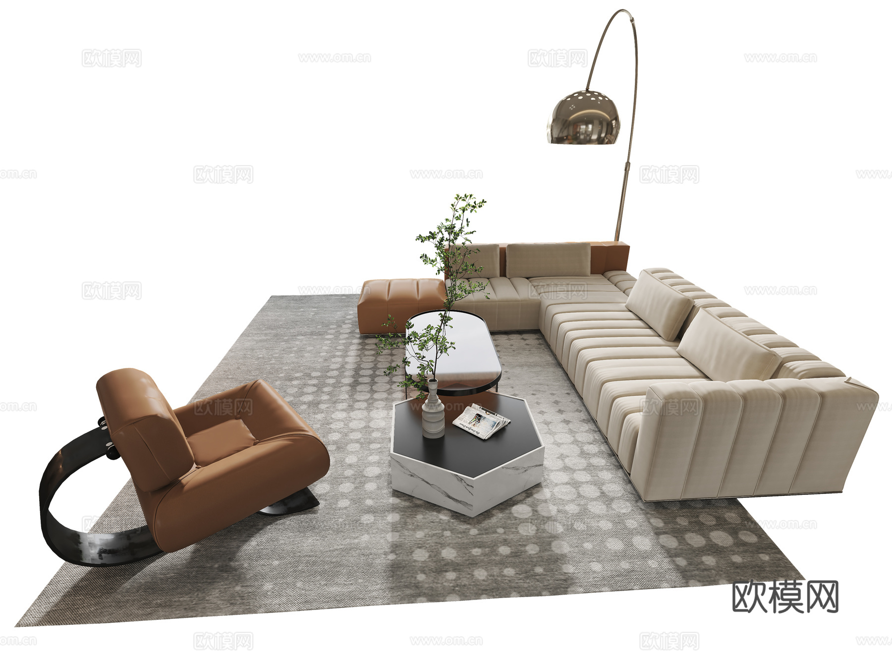 现代爱马仕橙沙发茶几组合3d模型