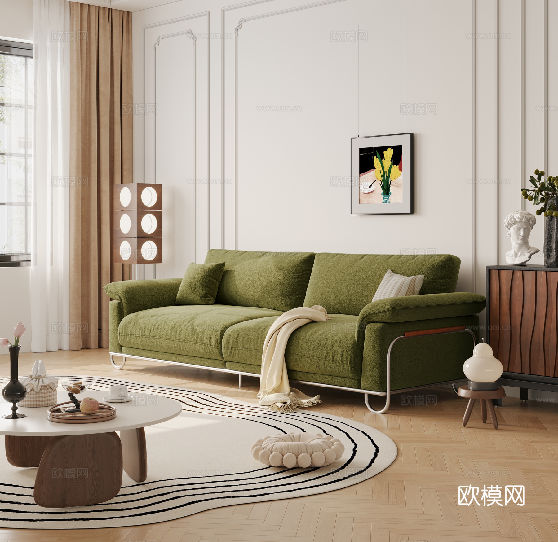 中古复古三人沙发 云朵沙发 直排沙发 休闲沙发 polifo3d模型