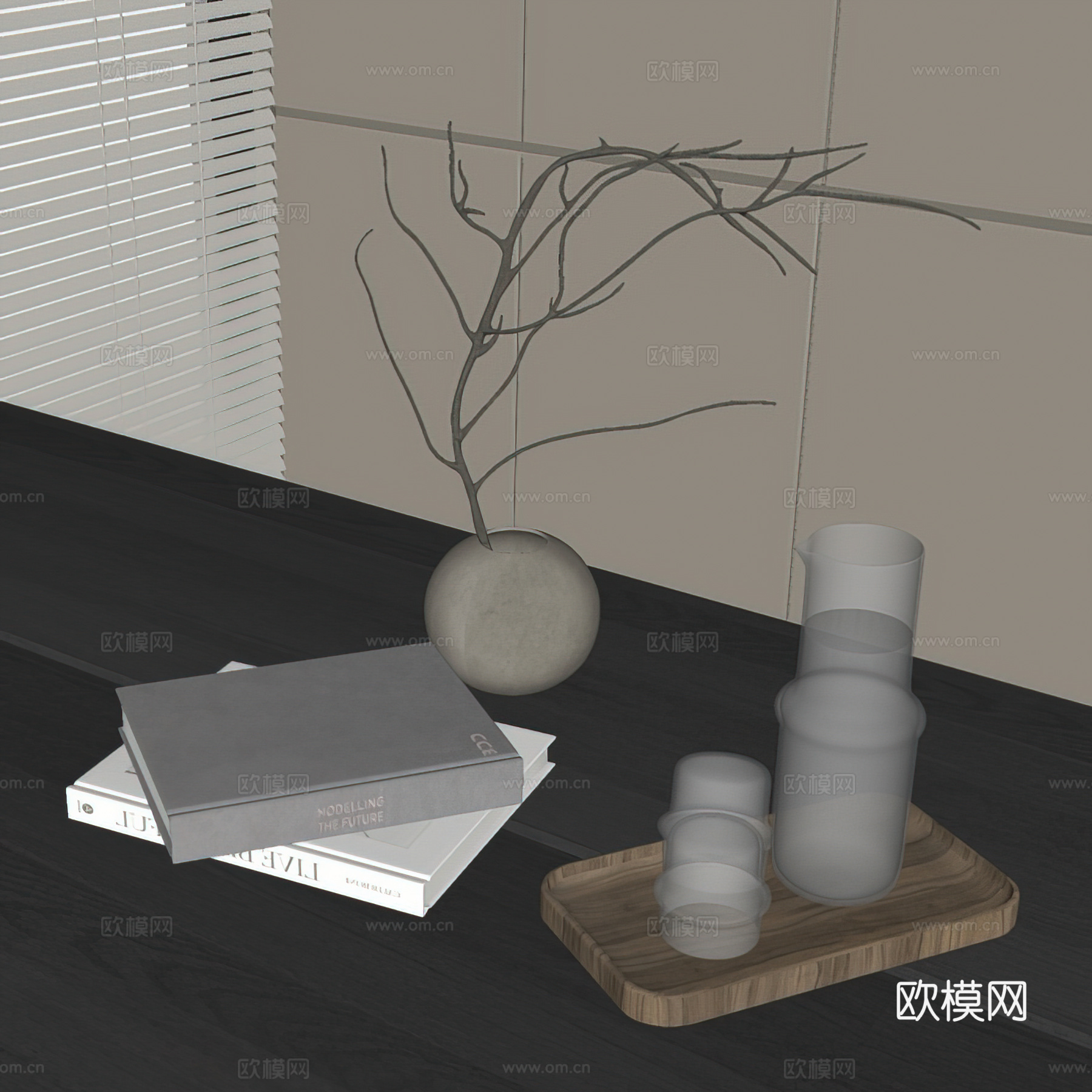 现代装饰摆件组合 水杯 书籍 花艺 桌面装饰摆件 茶具su模型