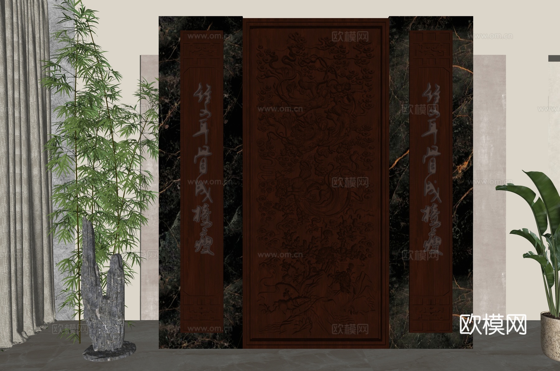 新中式玄关背景墙su模型