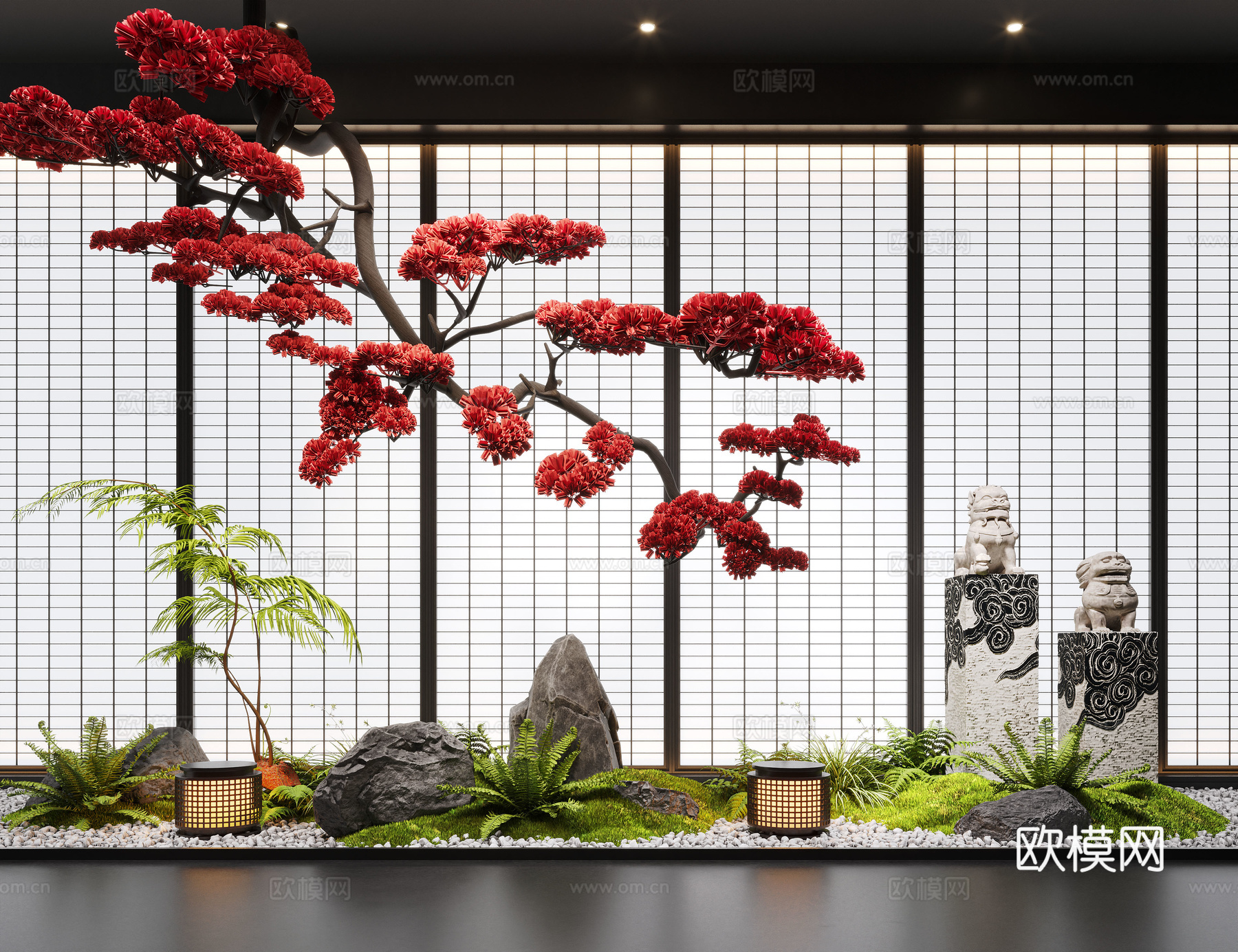 新中式室内景观造景 景观造景 景观小品 倒挂松树su模型