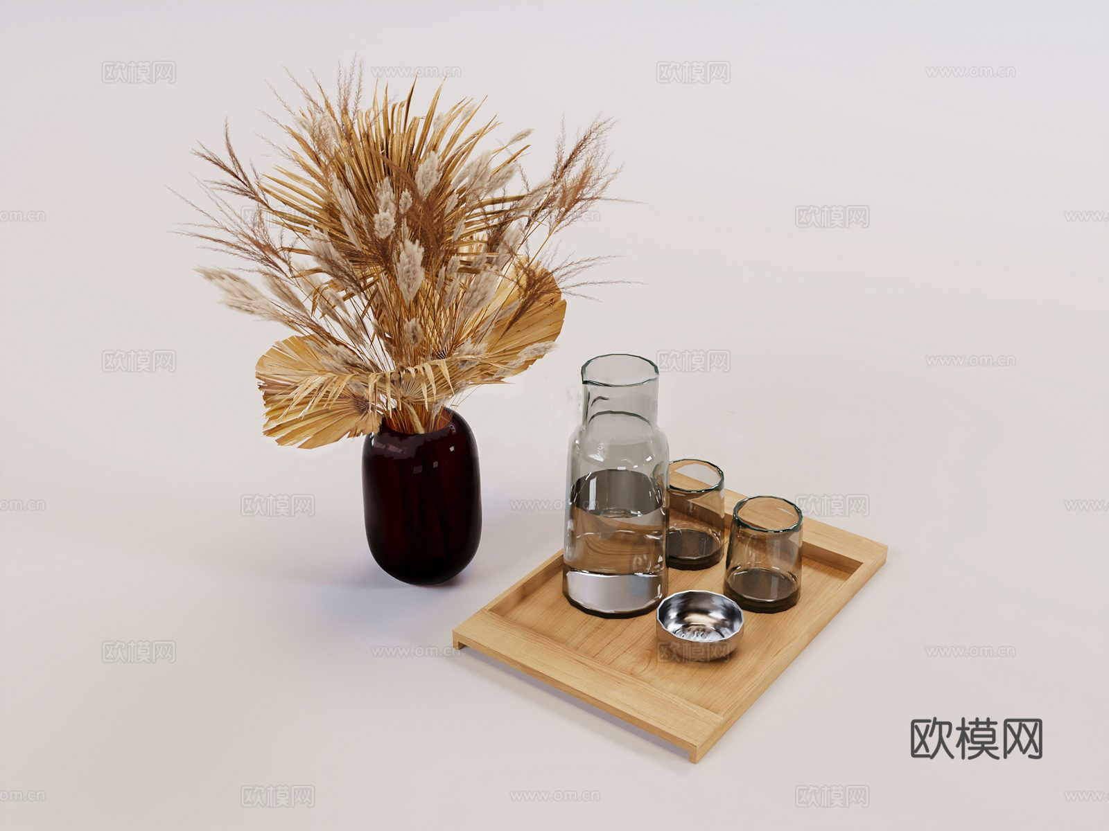 北欧风 干花 花瓶 水杯组合 陈设摆件3d模型