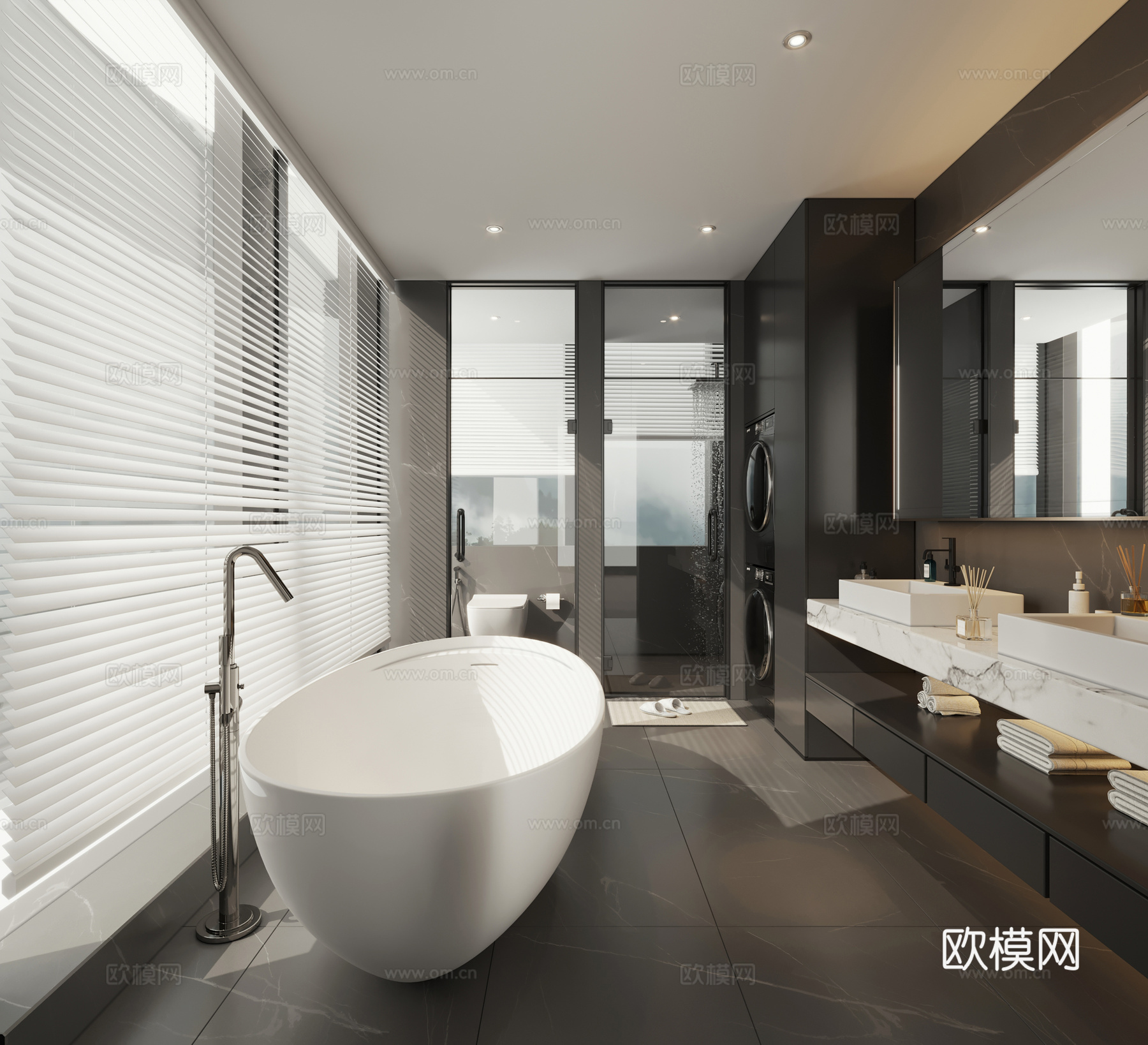 意式简约卫生间 干湿分离卫生间 黑白卫生间 卫生间浴缸免费3d模型