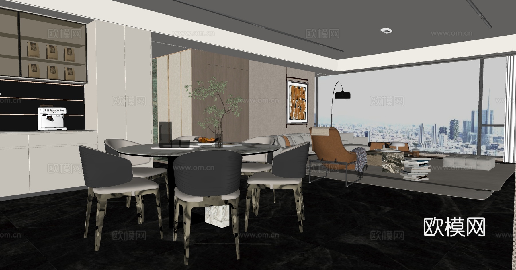 现代意式客餐厅 轻奢意式客餐厅 沙发茶几组合 高级灰客餐厅su模型