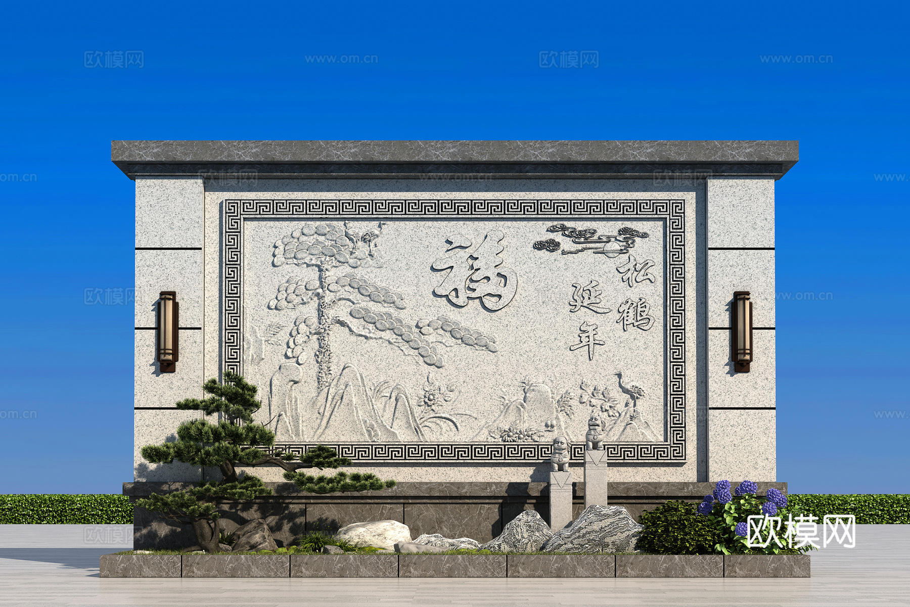 中式影壁墙 照壁 背景墙su模型