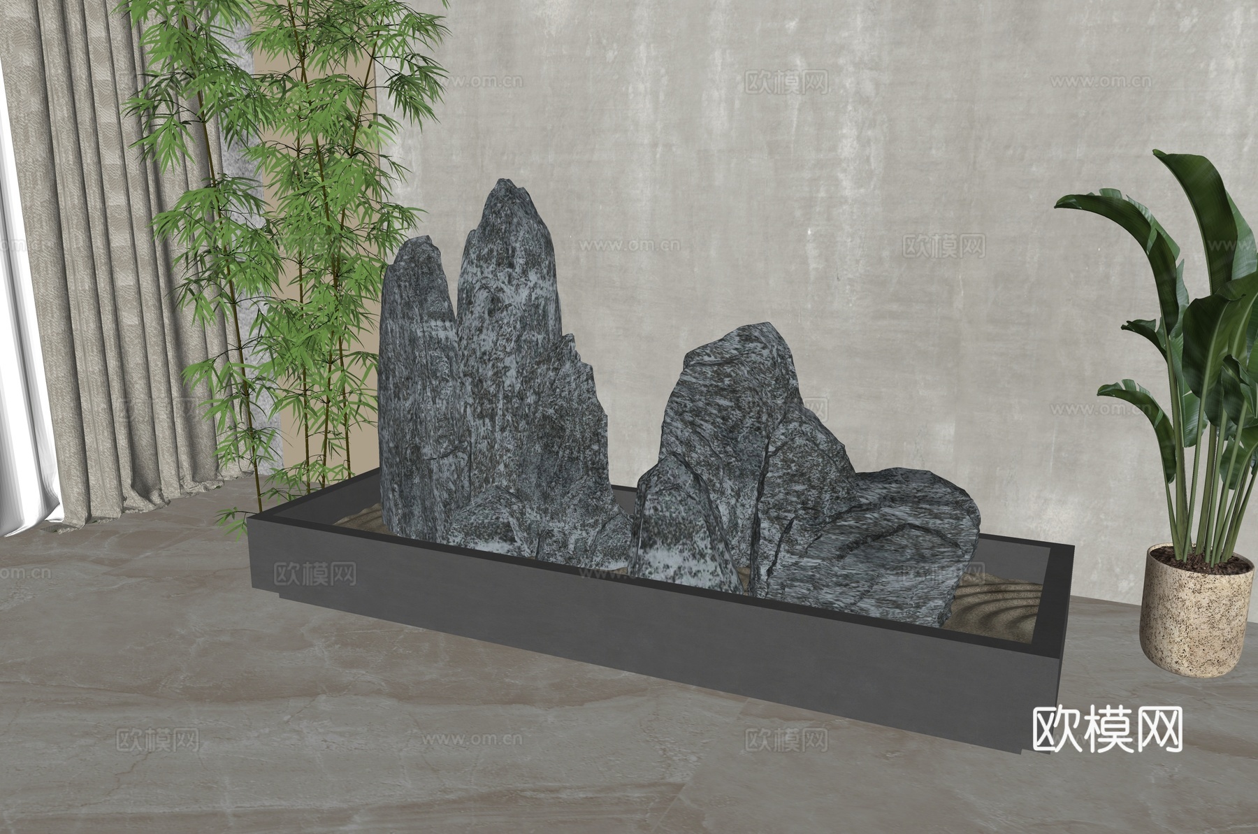新中式石头假山su模型