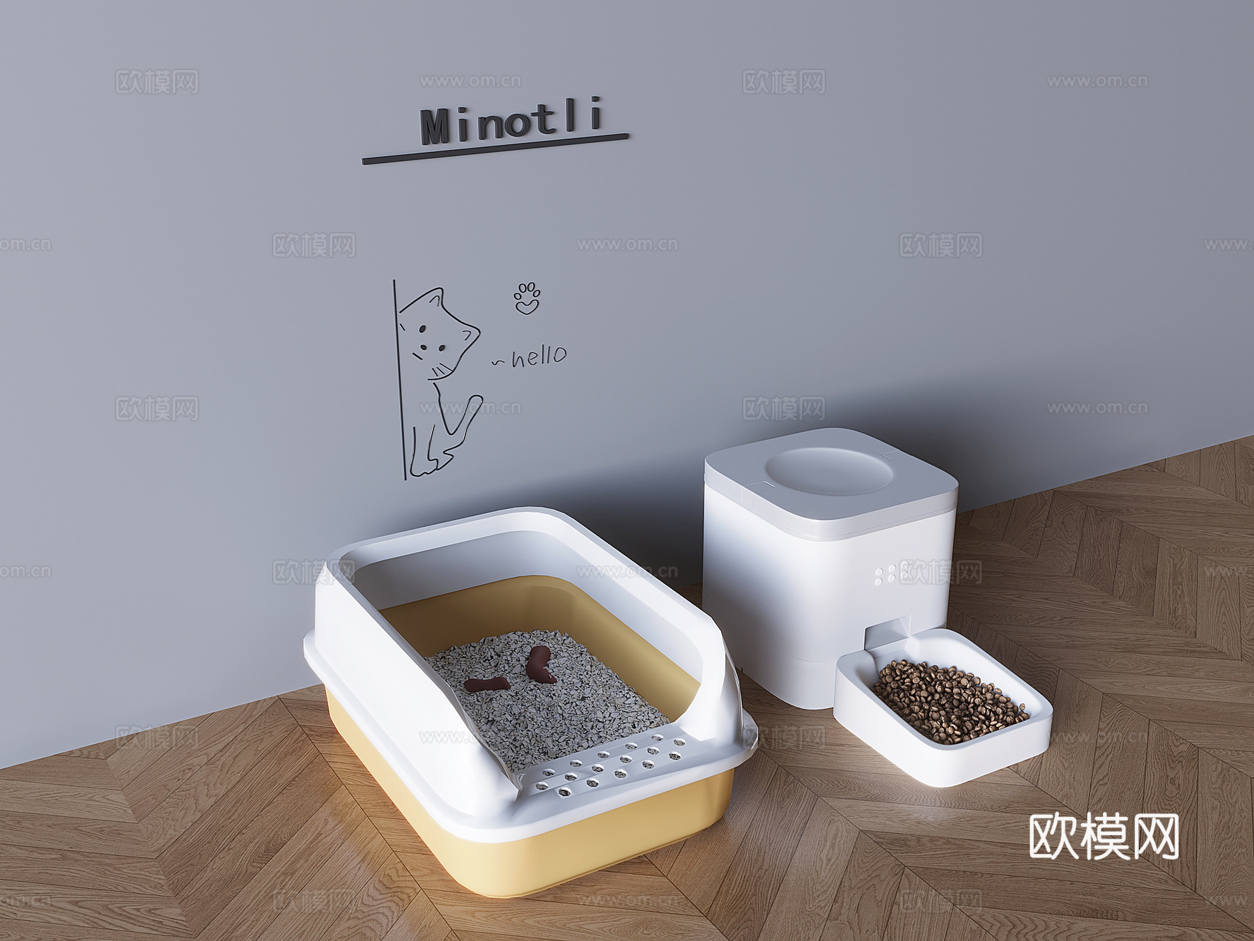 猫砂盆猫厕所食盒 自动喂食器猫粮3d模型