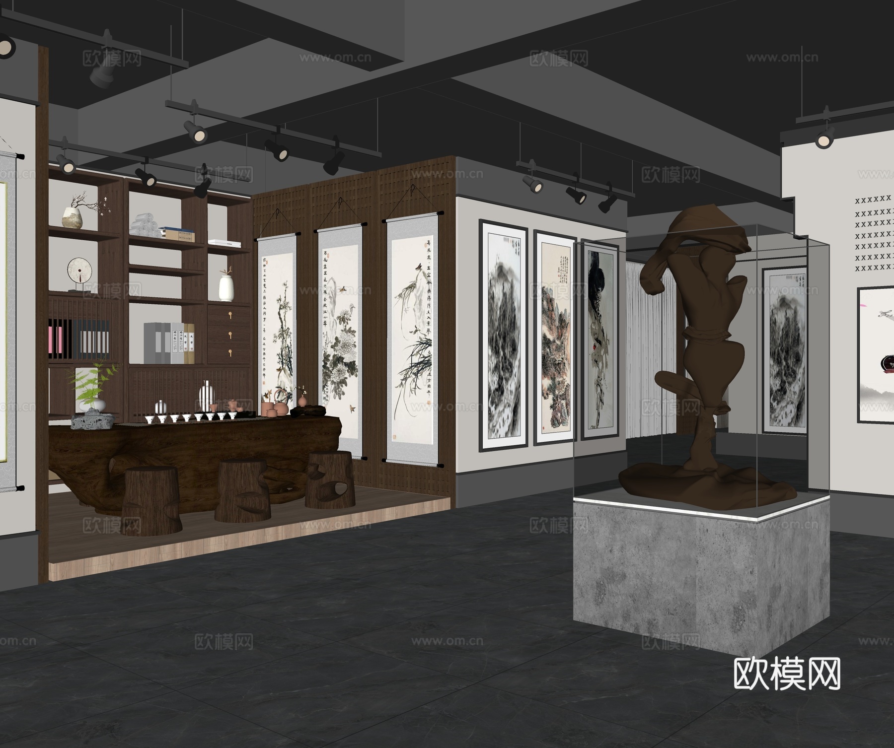 中式书画文化展厅 装饰画 艺术展厅su模型