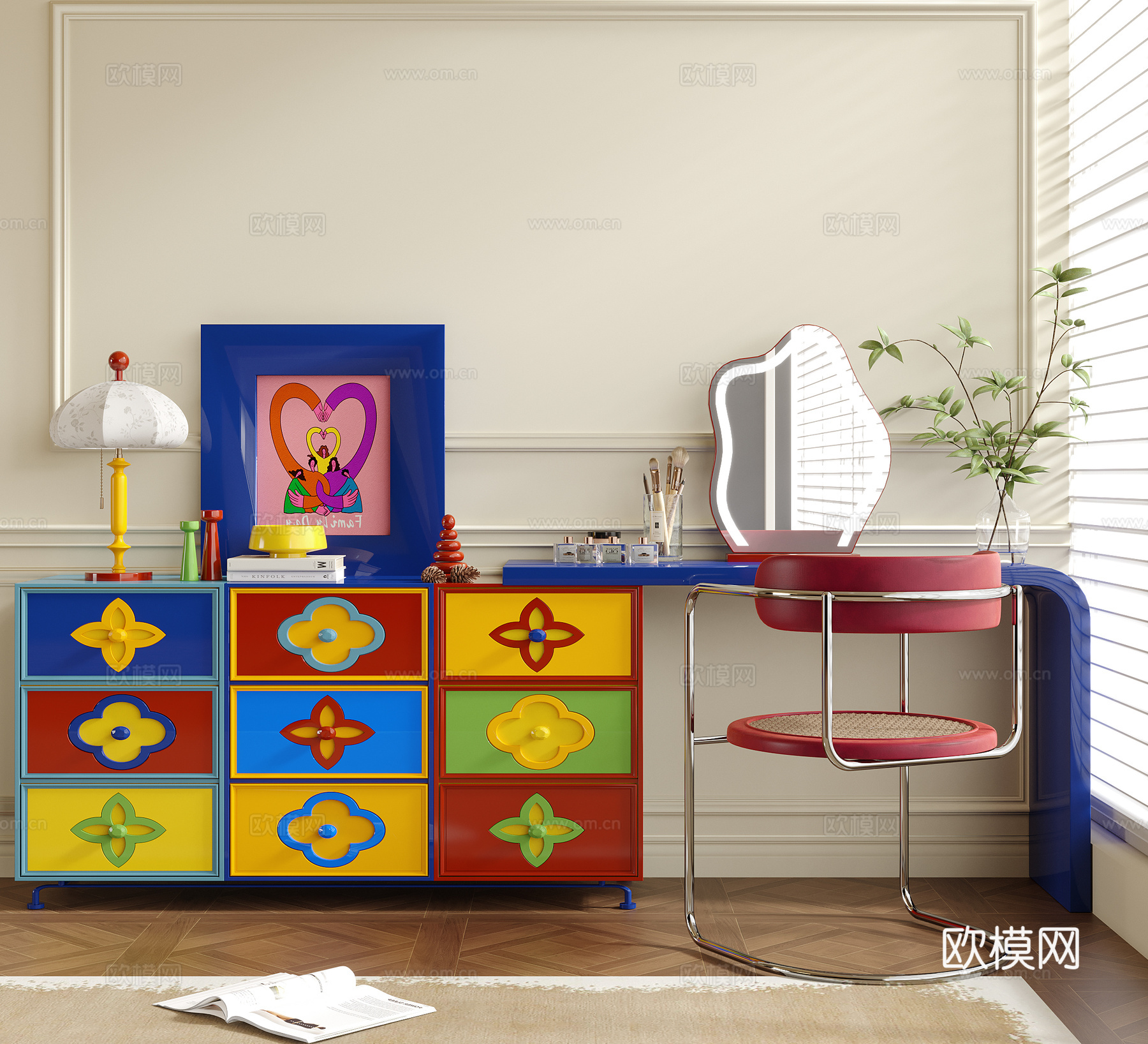 现代包豪斯梳妆台 多巴胺 装饰柜 书桌椅su模型下载（渲染图1）