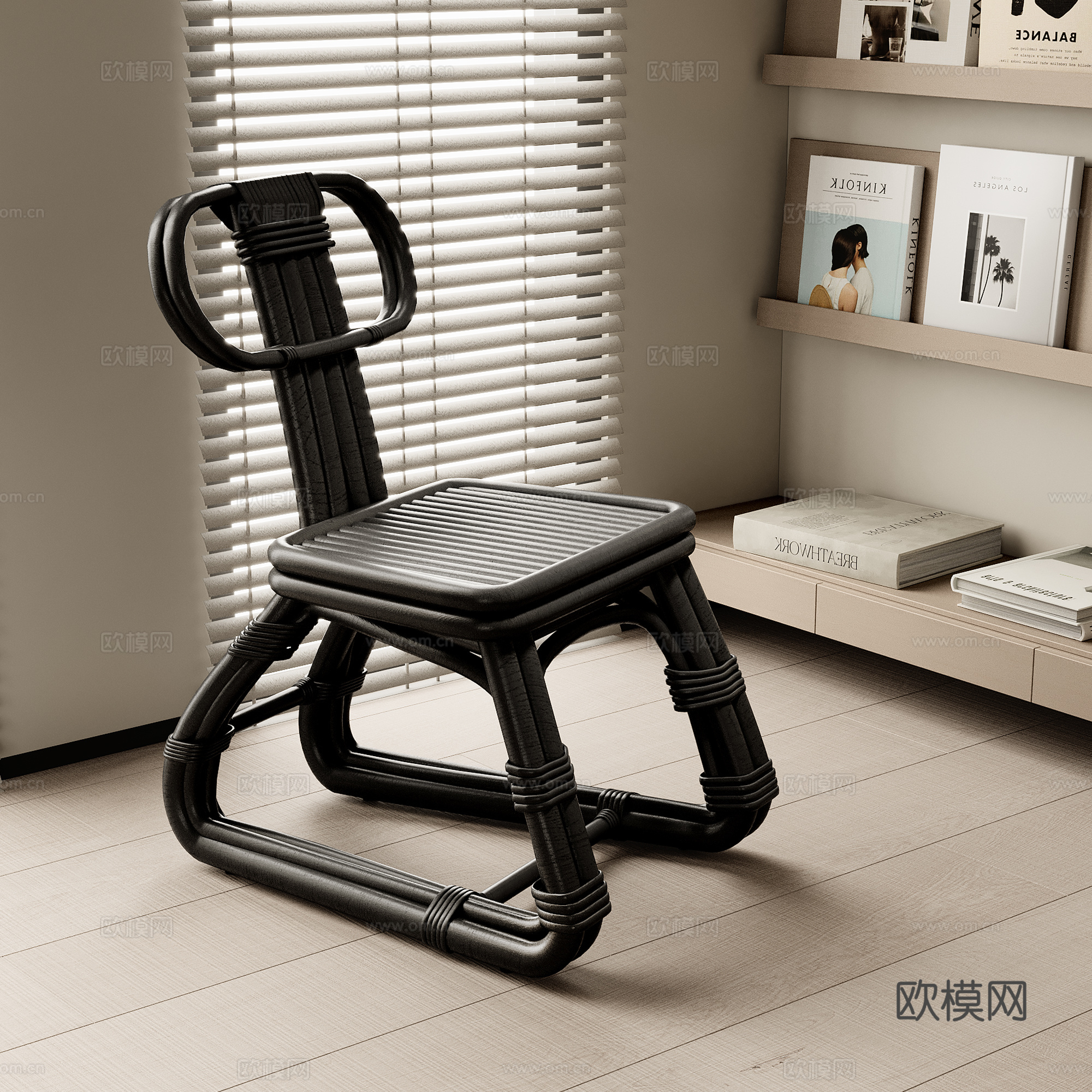 现代休闲椅 扶手椅 竹编单椅 书架 书籍3d模型
