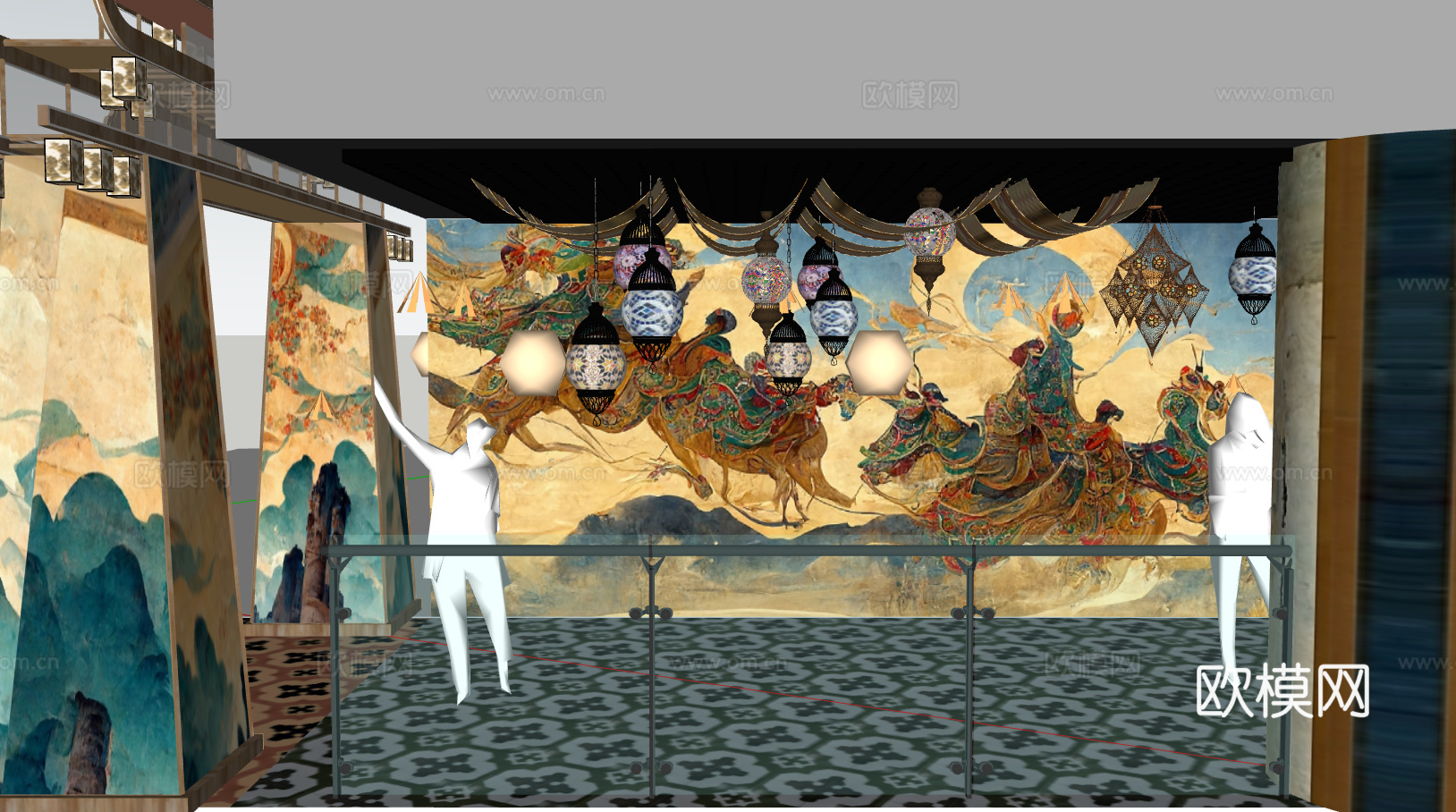 中式古风敦煌大唐文化壁画艺术元素集市美陈su模型