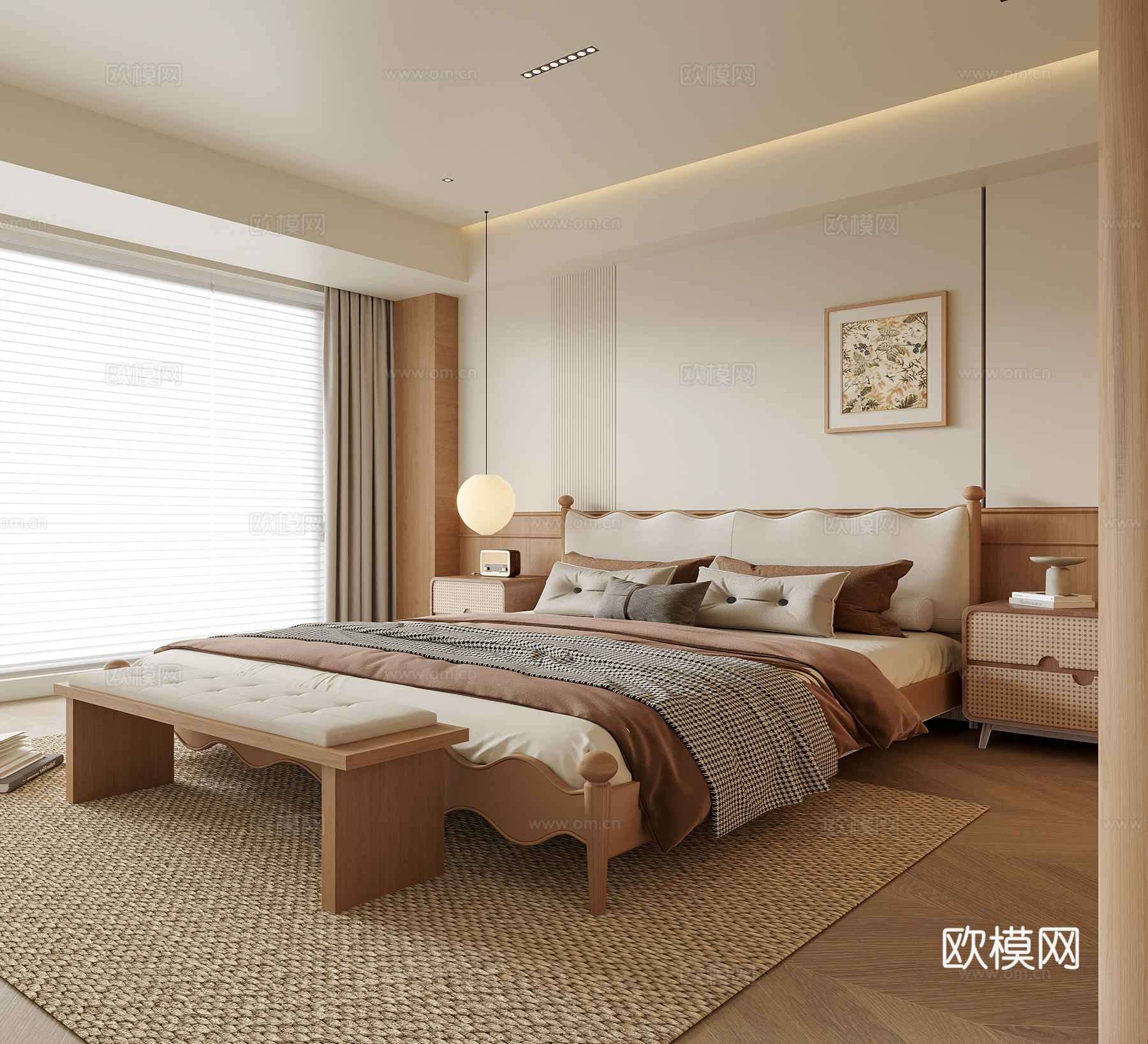 现代卧室 双人床 床尾凳 床头柜su模型