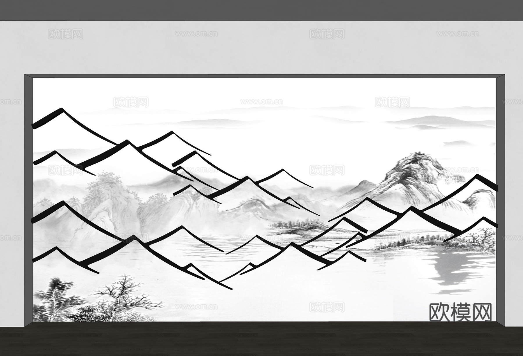 中式瓦片背景墙 马头墙背景墙 徽派建筑背景墙 中式格栅背景墙su模型