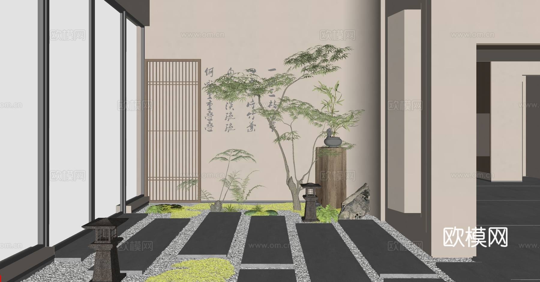 新中式室内景观 茶馆入门景观 景观小品 室内景观造景 植物堆su模型
