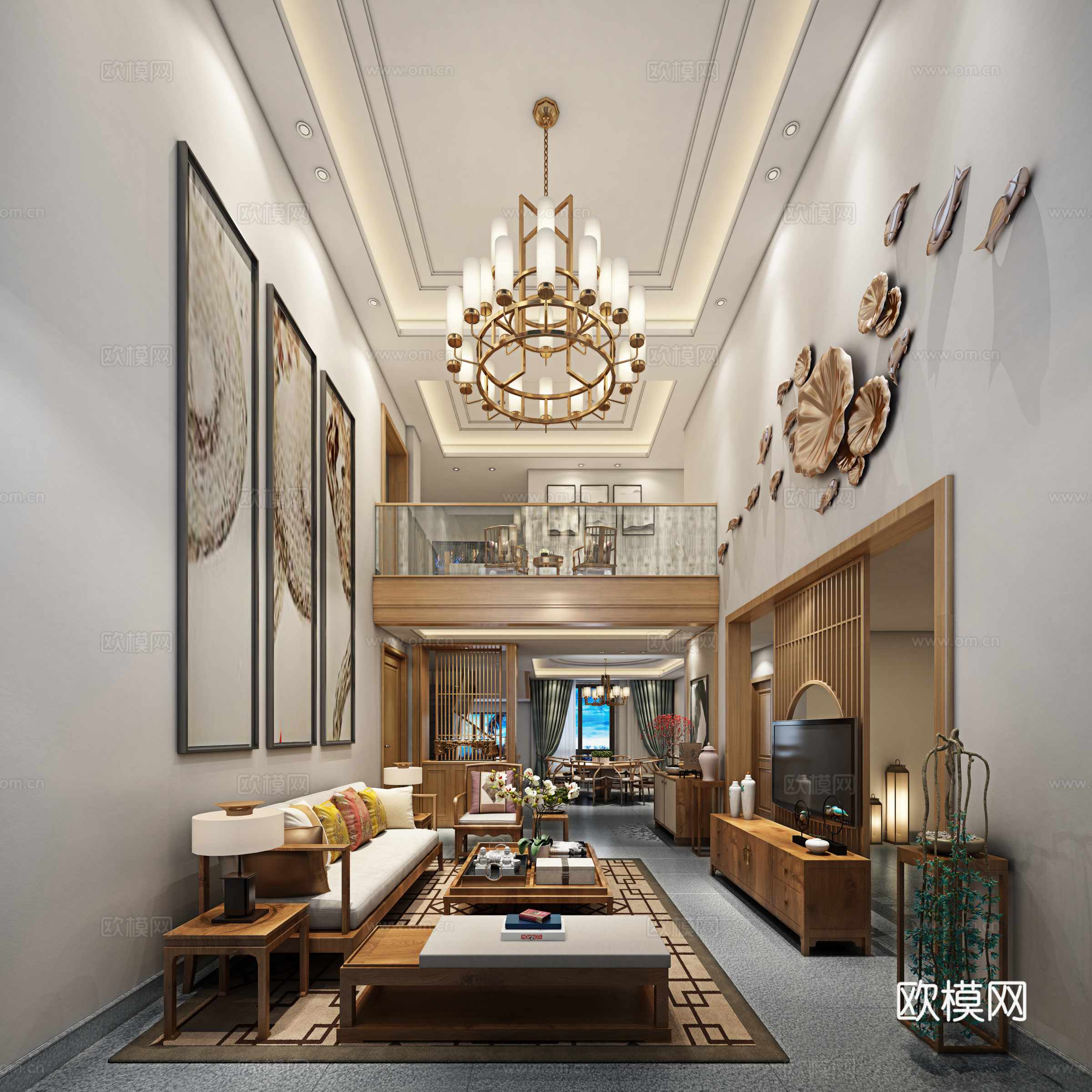 新中式别墅客餐厅 沙发茶几组合 楼梯 餐桌椅 荷花3d模型