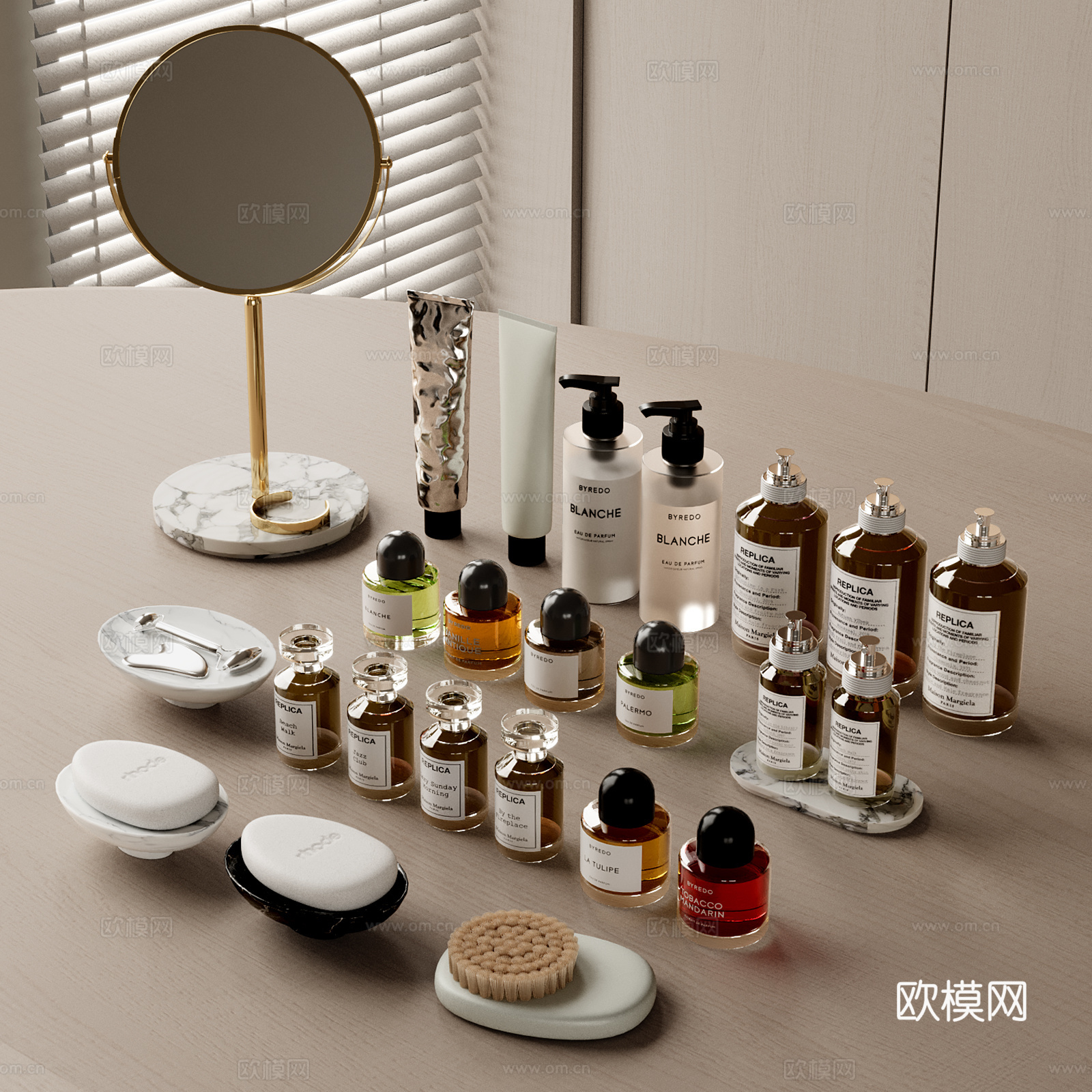 现代化妆品组合 香水 洗涤用品 洗护用品 镜子 卫浴用品3d模型