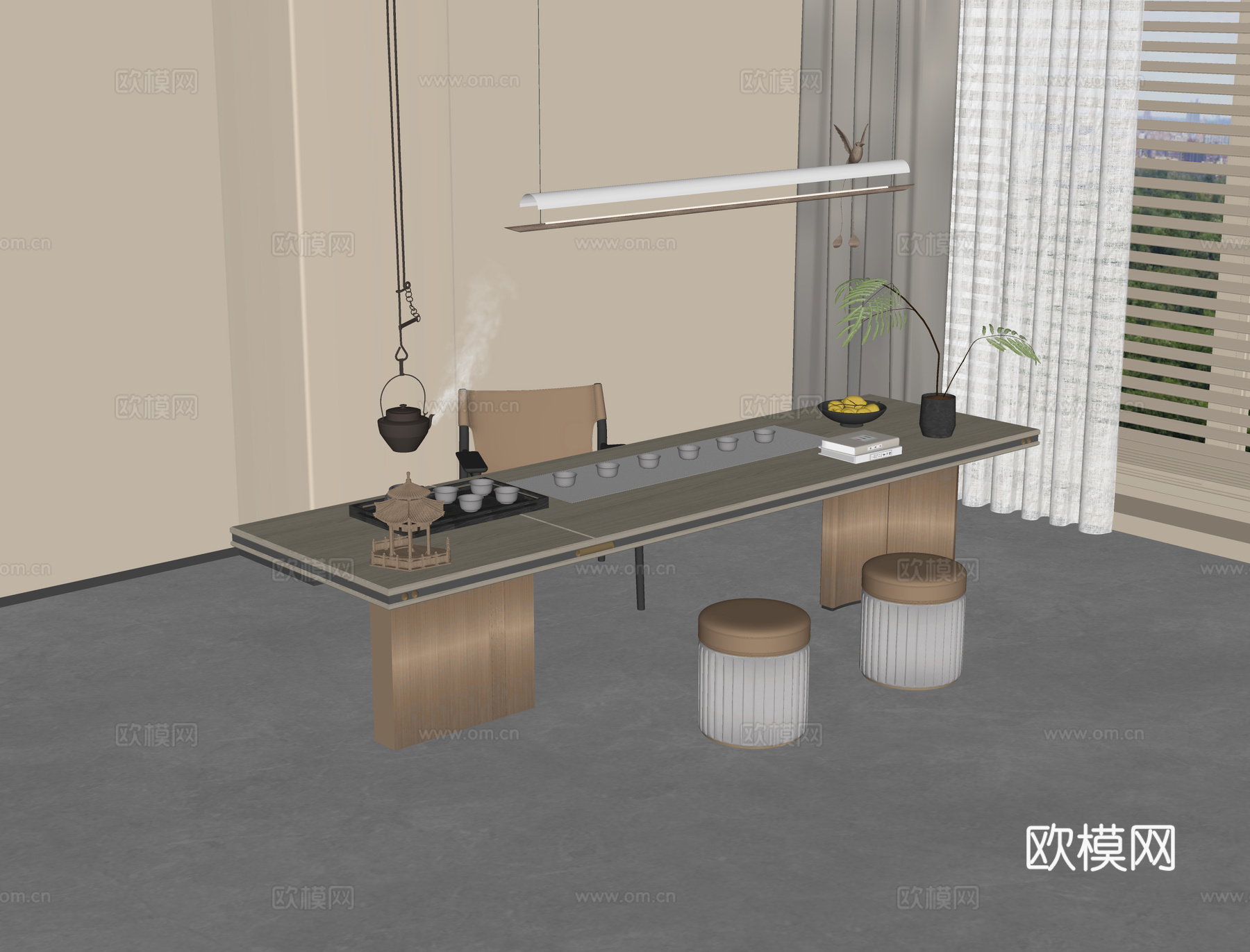 现代茶桌椅组合 实木茶桌 休闲单椅 休闲圆凳 茶具组合su模型