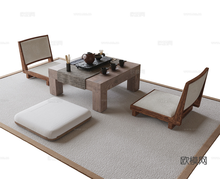 现代榻榻米茶桌椅 茶椅 小茶桌su模型下载(渲染图1)