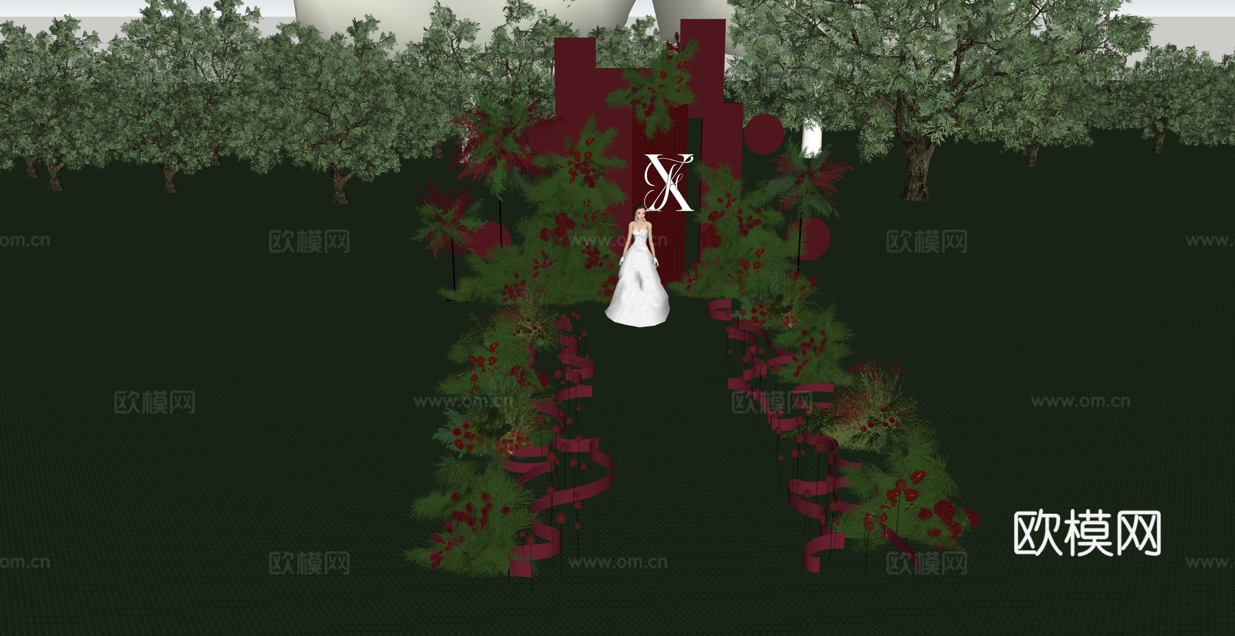 小众红色造型花艺婚礼美陈su模型
