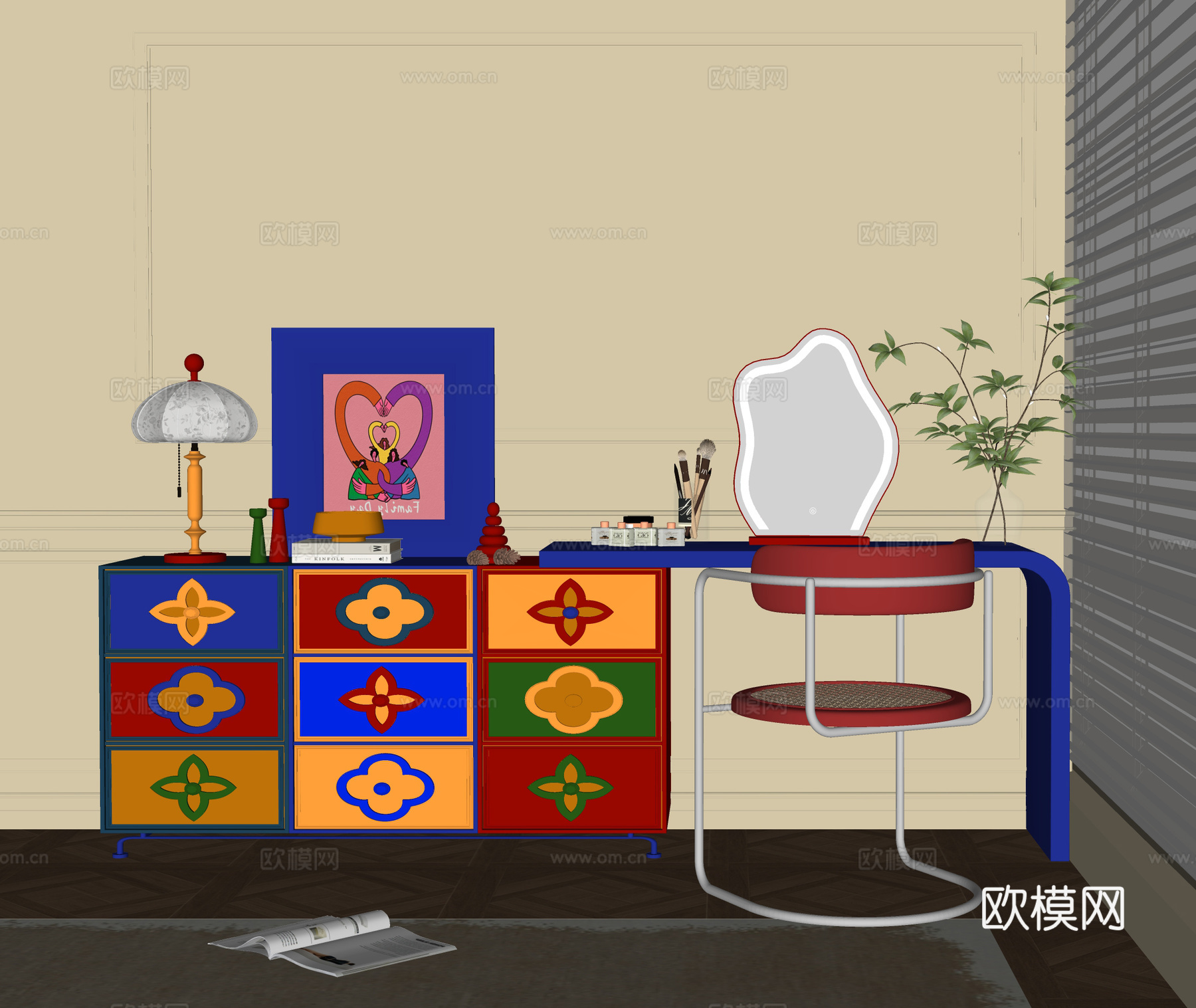 现代包豪斯梳妆台 多巴胺 装饰柜 书桌椅su模型下载（渲染图2）